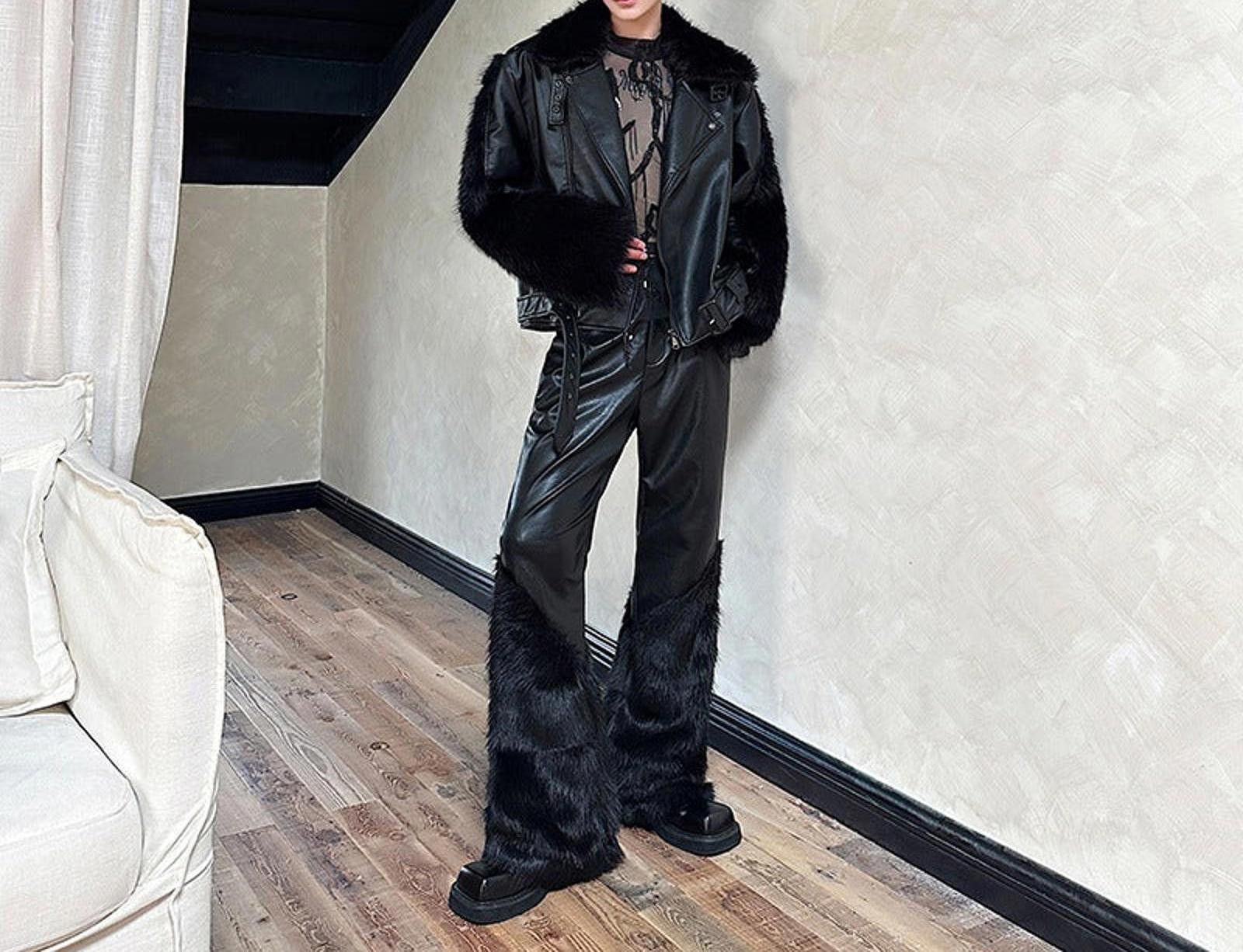 Leather Black Faux Leather Fur Trimmed Biker Jacket, Oversized Fit Size ONE SIZE - 4 Thumbnail