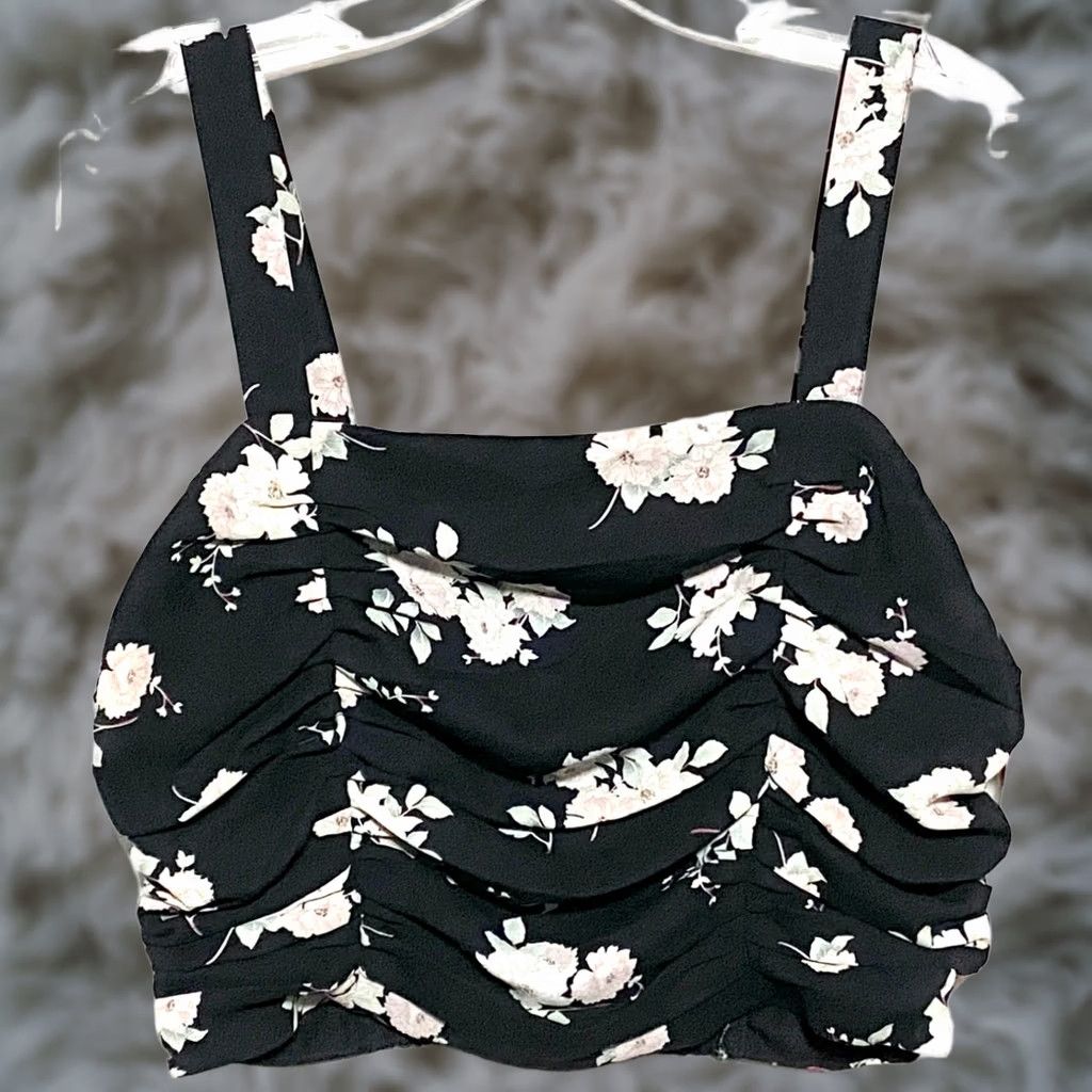 Express Express Floral Crop Top S Ruched Smocked NWT Feminine Whimsigoth Grunge Shirt Womens Sleeveless Black XS S? Size S / US 4 / IT 40 - 1 Thumbnail