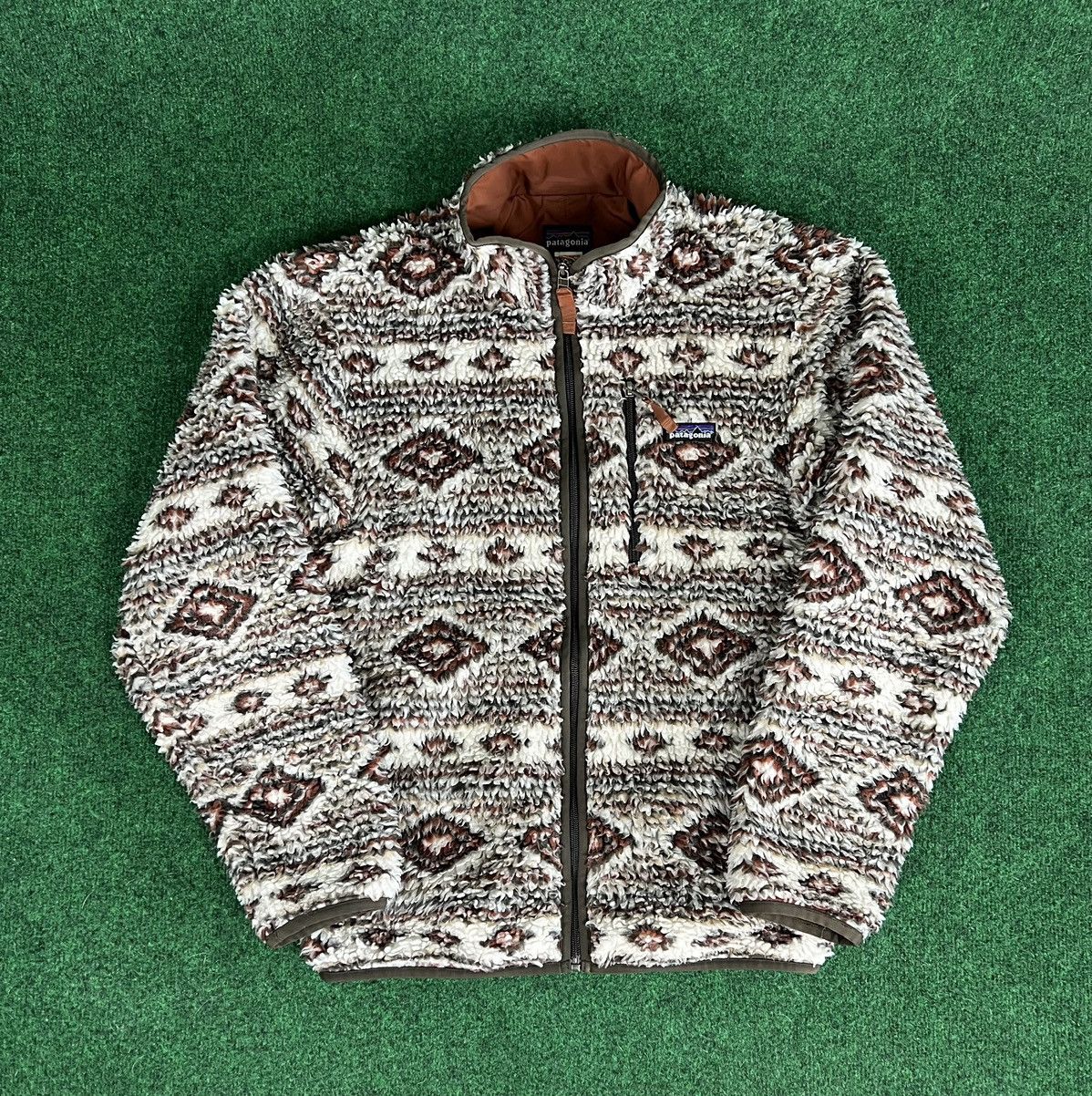 image of Patagonia Mens Retro-X Tribal Cardigan Deep Pile Fleece Size S in Brown Tan