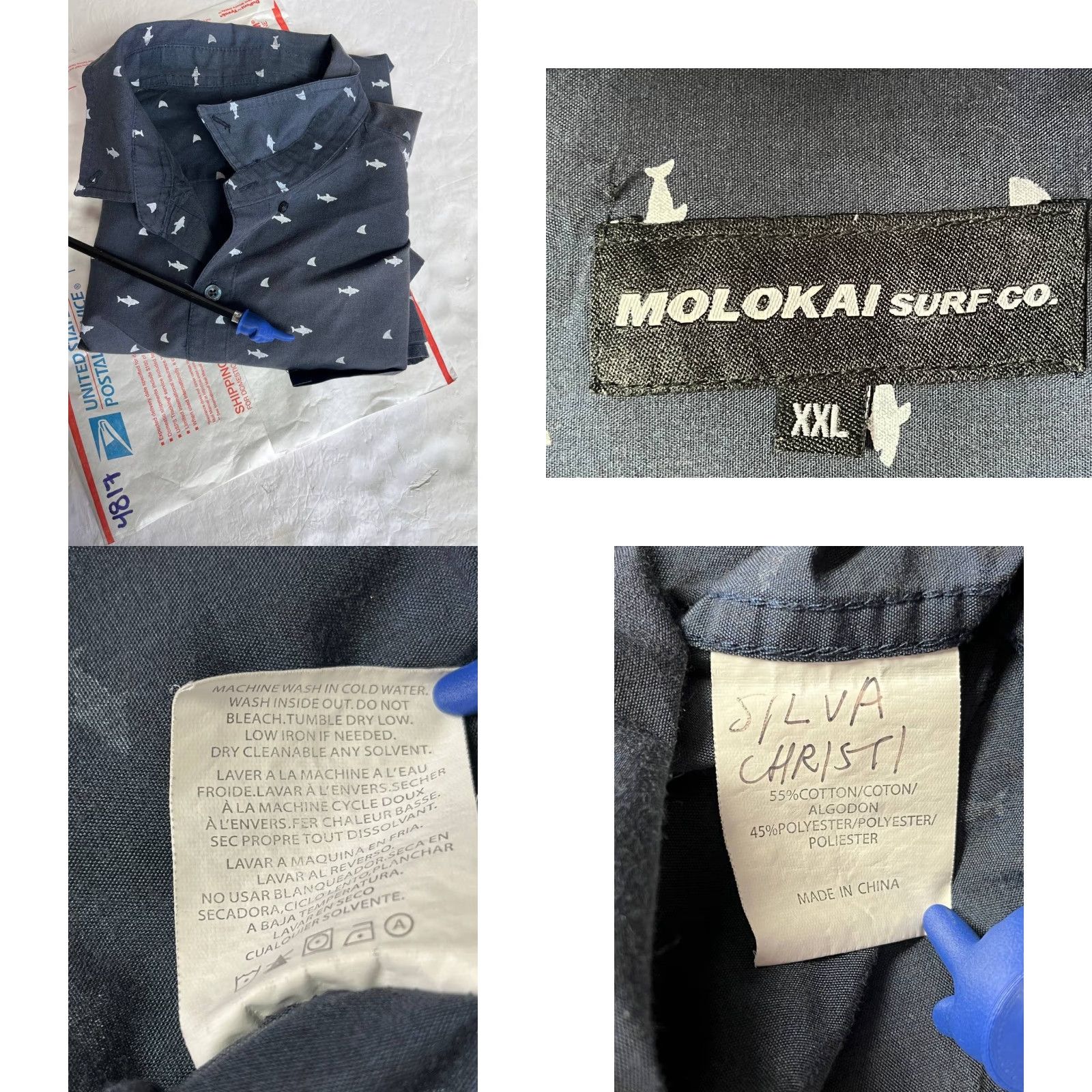 CO Molokai Surf Co Shirt Men 2XL Blue Button-Up Short Sleeve Collared Knit Cotton Polyester Casual All Seasons Lightweight Missing Button See Pic Size US XXL / EU 58 / 5 - 8 Thumbnail