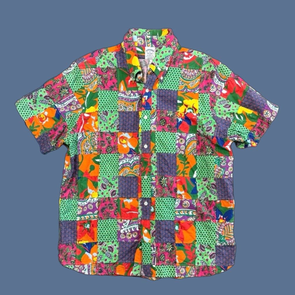 Vintage Brooks Brothers Patchwork Shirt XL Regular Short Sleeve Button Up Collared Multicolor Colorful Patchwork Men Dress Casual Business 90S