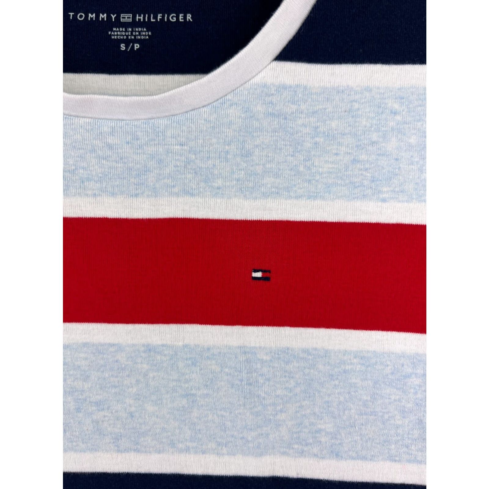 Tommy Hilfiger VINTAGE Tommy Hilfiger Shirt Womens S Blue White Red Round Neck Short Sleeve Cotton Logo Striped 90s Size S / US 4 / IT 40 - 6 Thumbnail