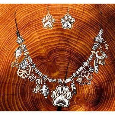 Handmade Paw Print Necklace Earrings Set Pendant 17 inch Handmade New Size ONE SIZE - 5 Thumbnail