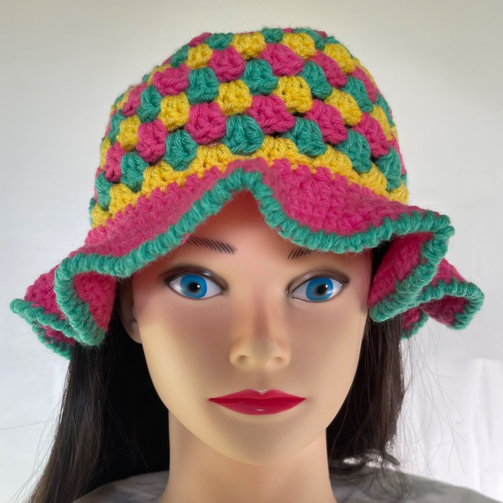 Handmade Crochet Bucket Hat Granny Square Pattern Pink Green Yellow A Size ONE SIZE - 1 Thumbnail