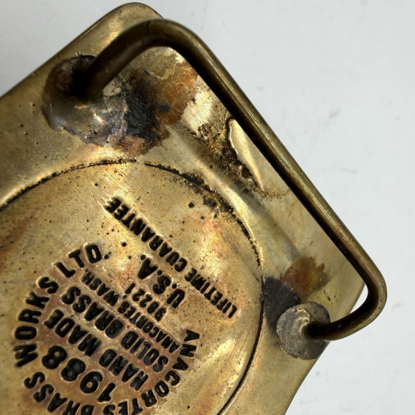 Vintage VINTAGE Cain Chemical Belt Buckle Bronze Brass 1988 Safe Hours Handmade Advertising Anacortes Brass Works Belt Buckle Bronze 1970s Mens Size ONE SIZE - 6 Thumbnail