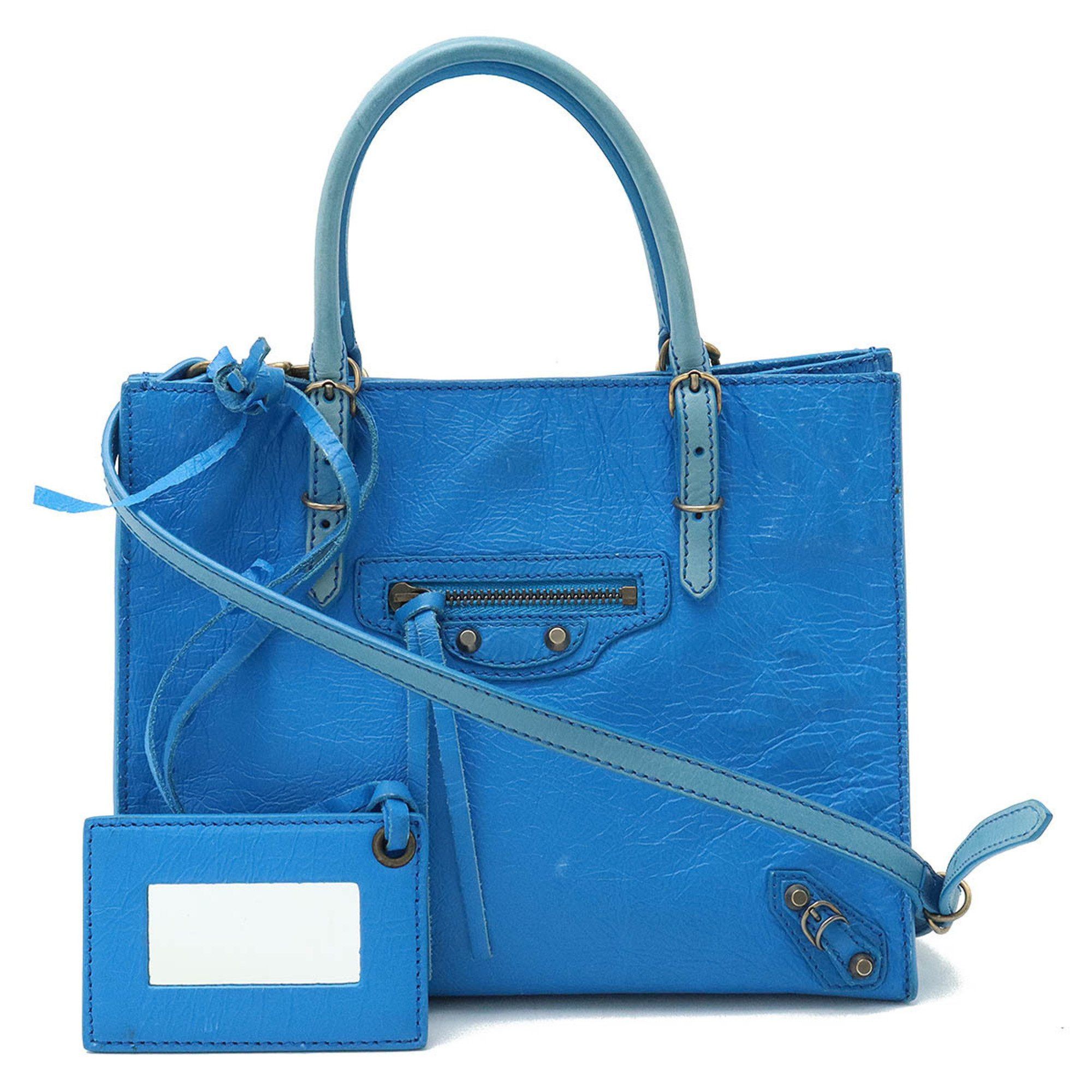 image of Balenciaga Paper Handbag Shoulder Bag Leather Blue 305572, Women's