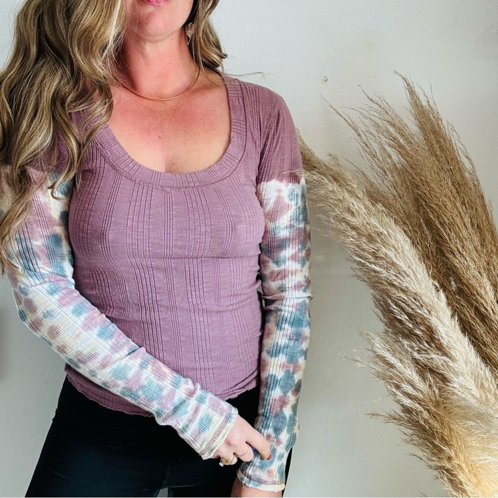 FREE PEOPLE Purple White Thermal Tie Dye Long Sleeve Shirt
