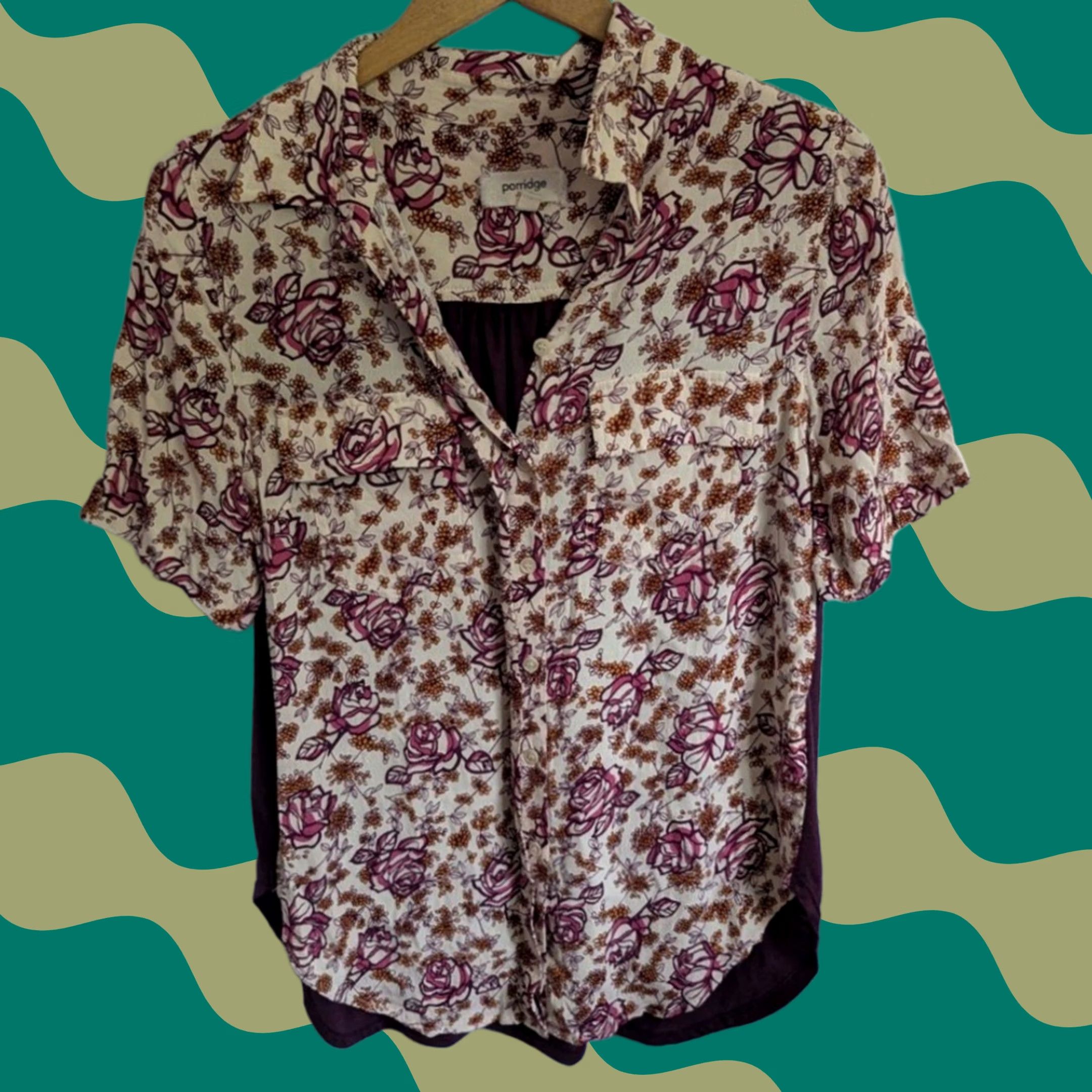 Vintage Porridge Floral Mixed Media Shirt Womens M Plum Purple Short Sleeve Button Up Size M / US 6-8 / IT 42-44 - 1 Thumbnail