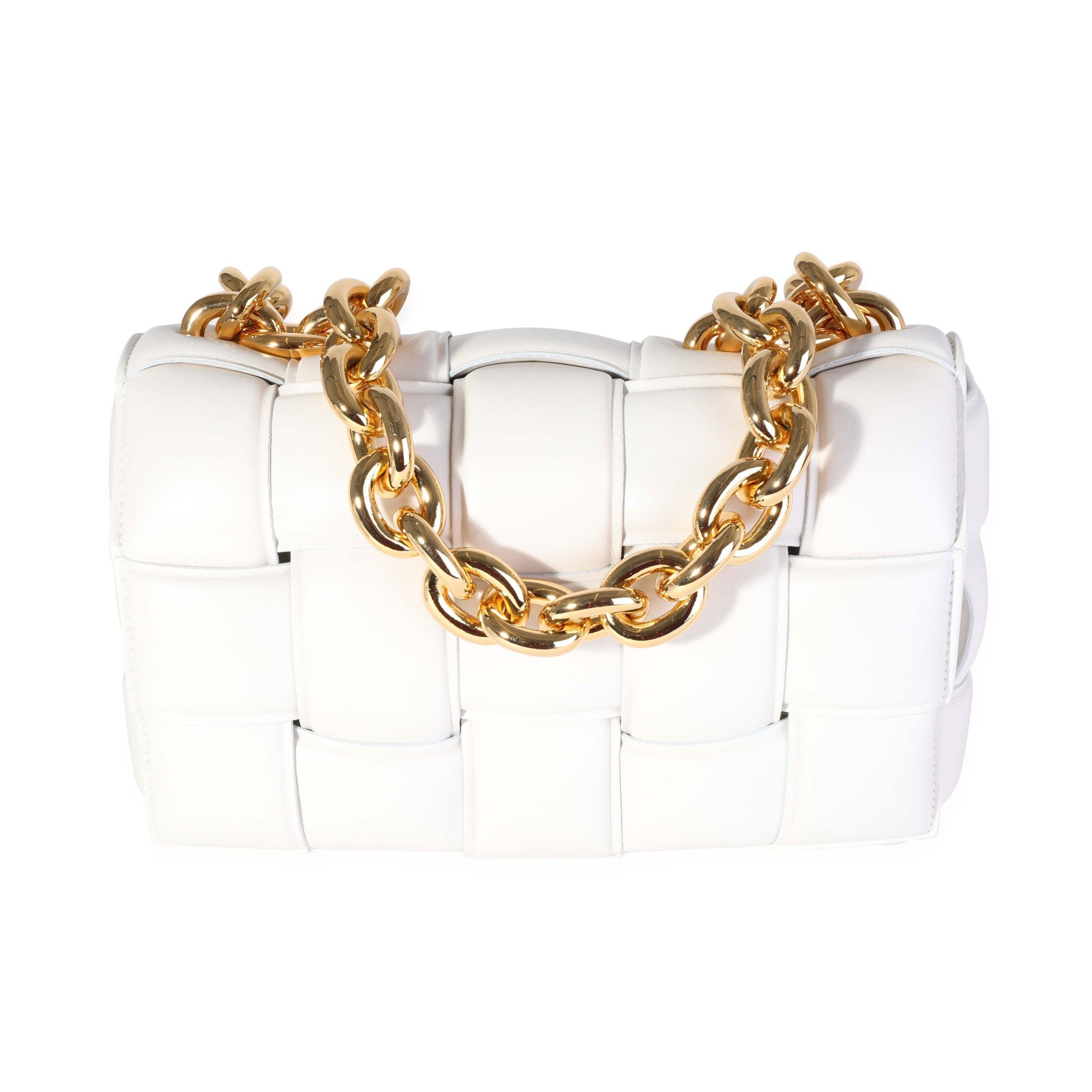 image of Bottega Veneta Chalk Maxi Intrecciato Lambskin Chain Cassette Bag in White, Women's