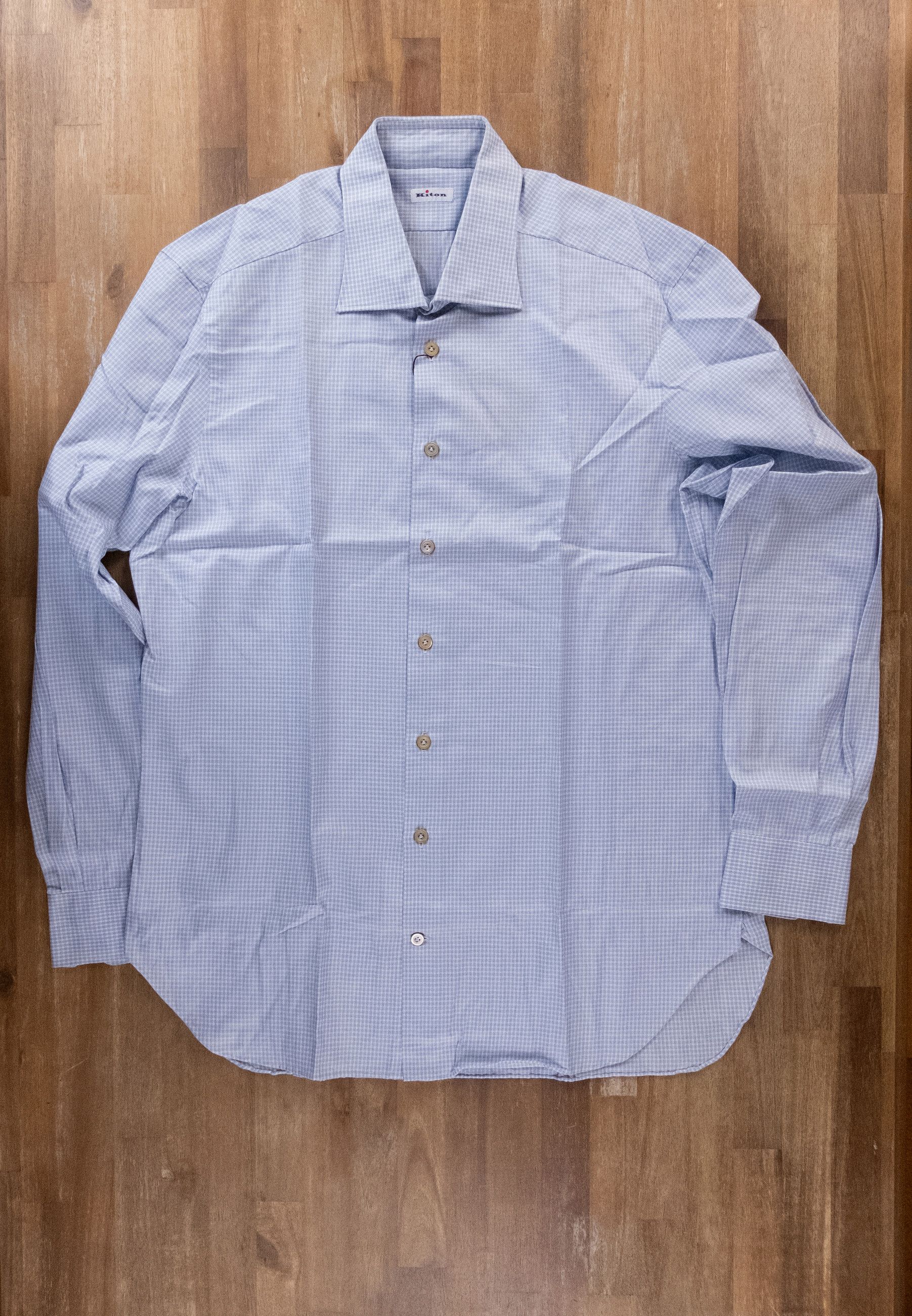 image of Kiton Napoli Blue Plaid Minicheck Formal Dress Shirt 44 17.5, Men's (Size XL)