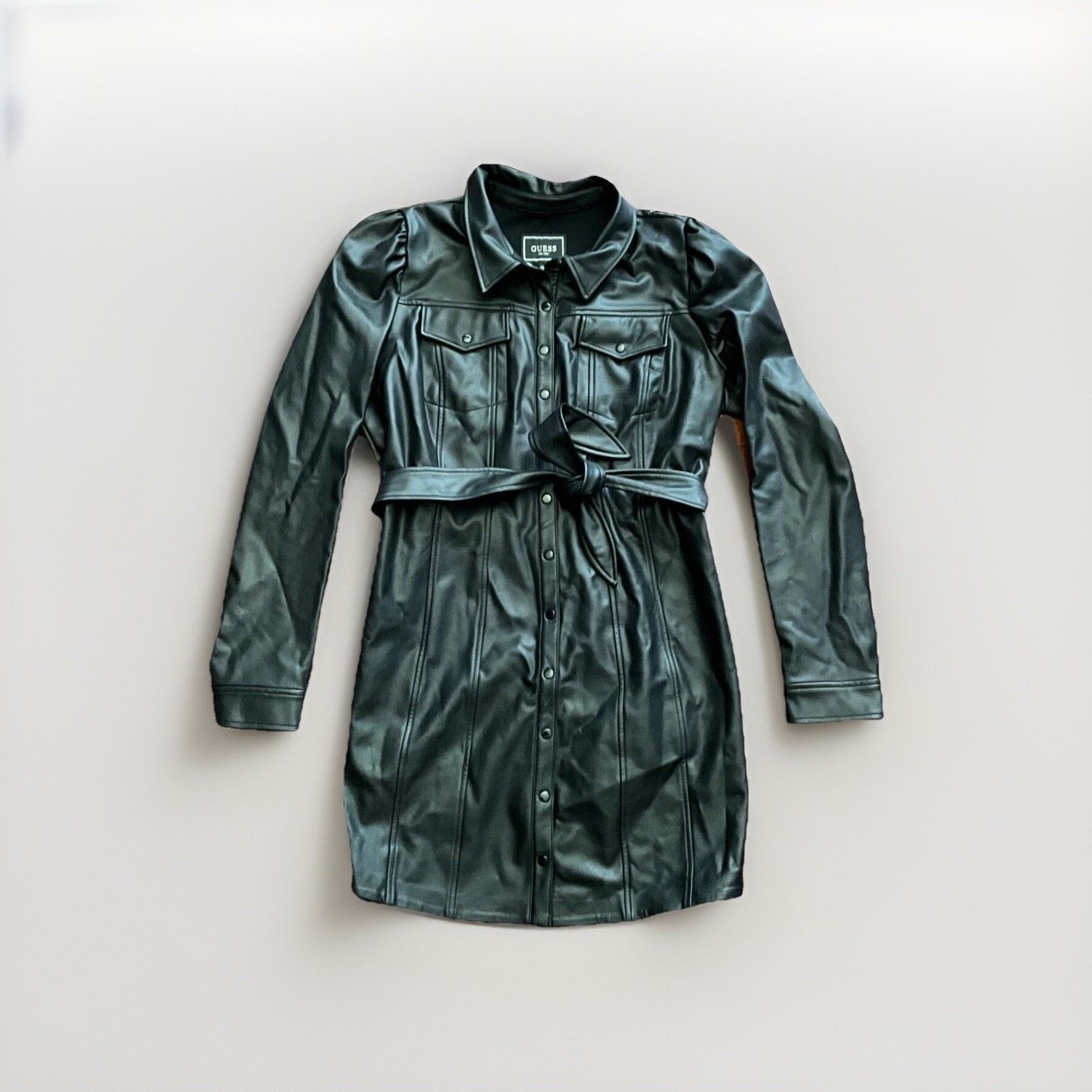 Guess Guess Faux Leather Long Sleeve Belted Dress XL Puff Sleeves | Grailed