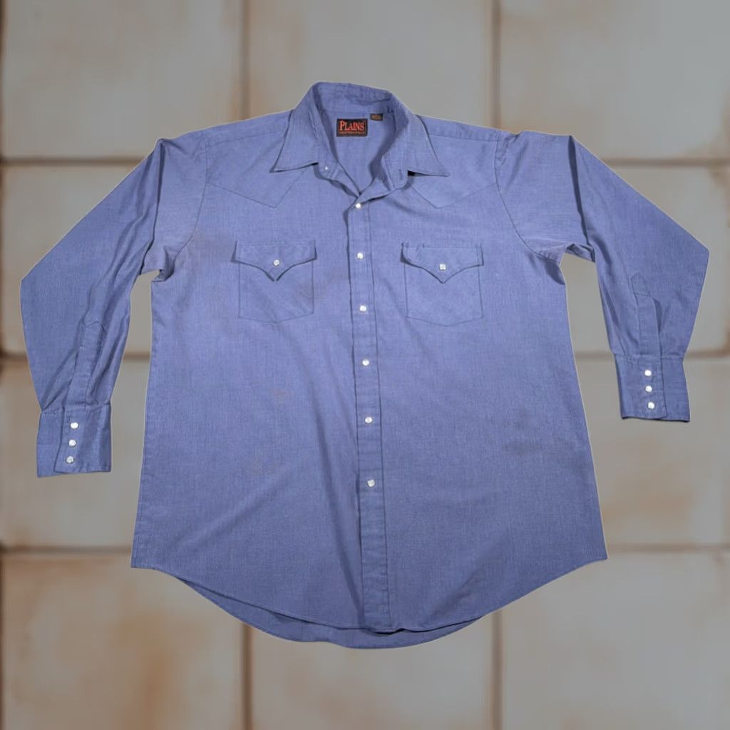 Vintage VINTAGE Plains Western Shirt Adult LARGE Blue Pearl Snap Cowboy 90s Shirt Mens Size US L / EU 52-54 / 3 - 1 Thumbnail