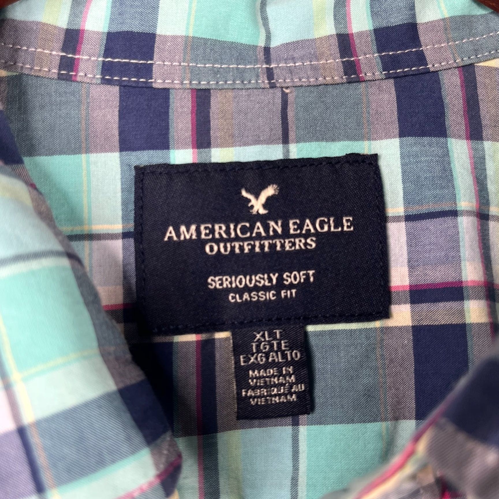 American Eagle Outfitters American Eagle Outfitters Button-Up Shirt Mens XLT Plaid Navy Teal Long Sleeve Size US XL / EU 56 / 4 - 5 Thumbnail