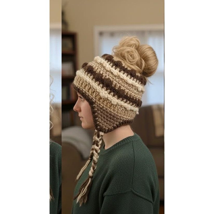 Other Handmade Crochet Messy Bun Hat Beanie Braided Tassels Brown Size ONE SIZE - 3 Thumbnail