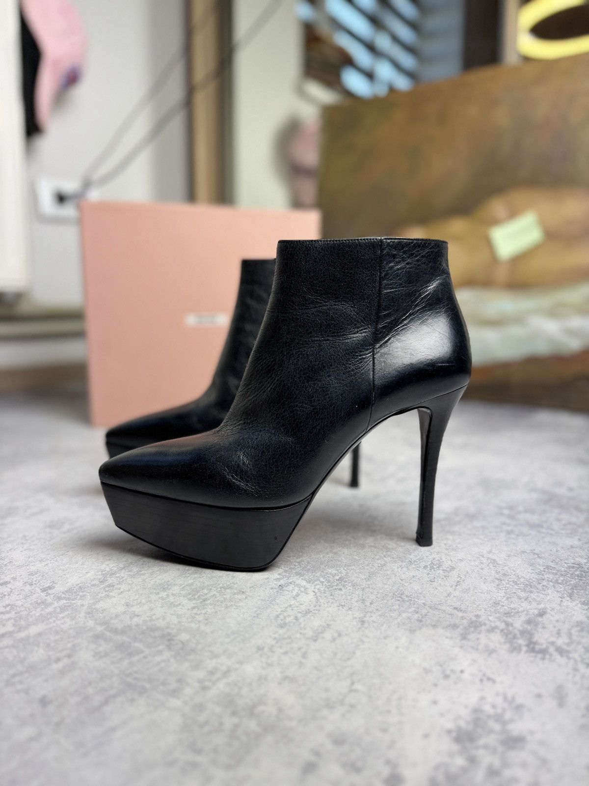 Archival Clothing x Miu Miu Y2K Luxury Leather Heel Ankle Boots Shoes in Black, Women's (Size 9)