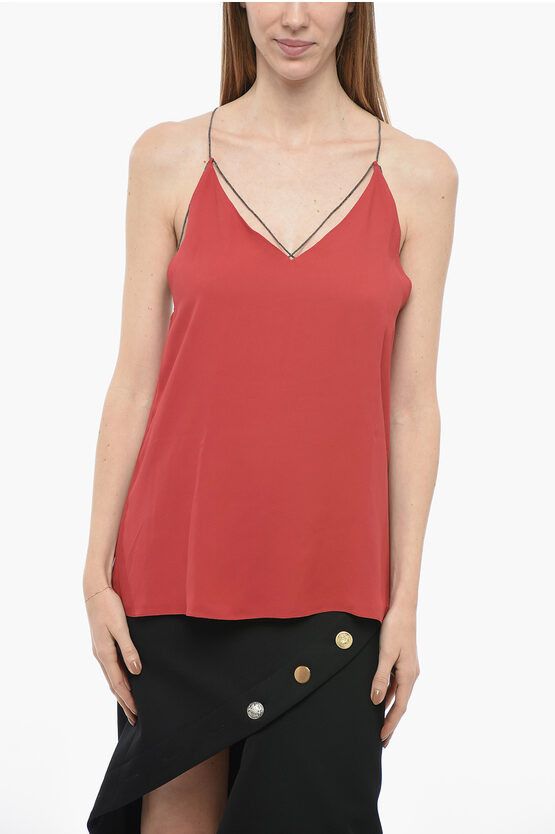 Image of Fabiana Filippi Viscose V-Neckline Top With Criss Cross Straps in Red, Women's (Size Small)