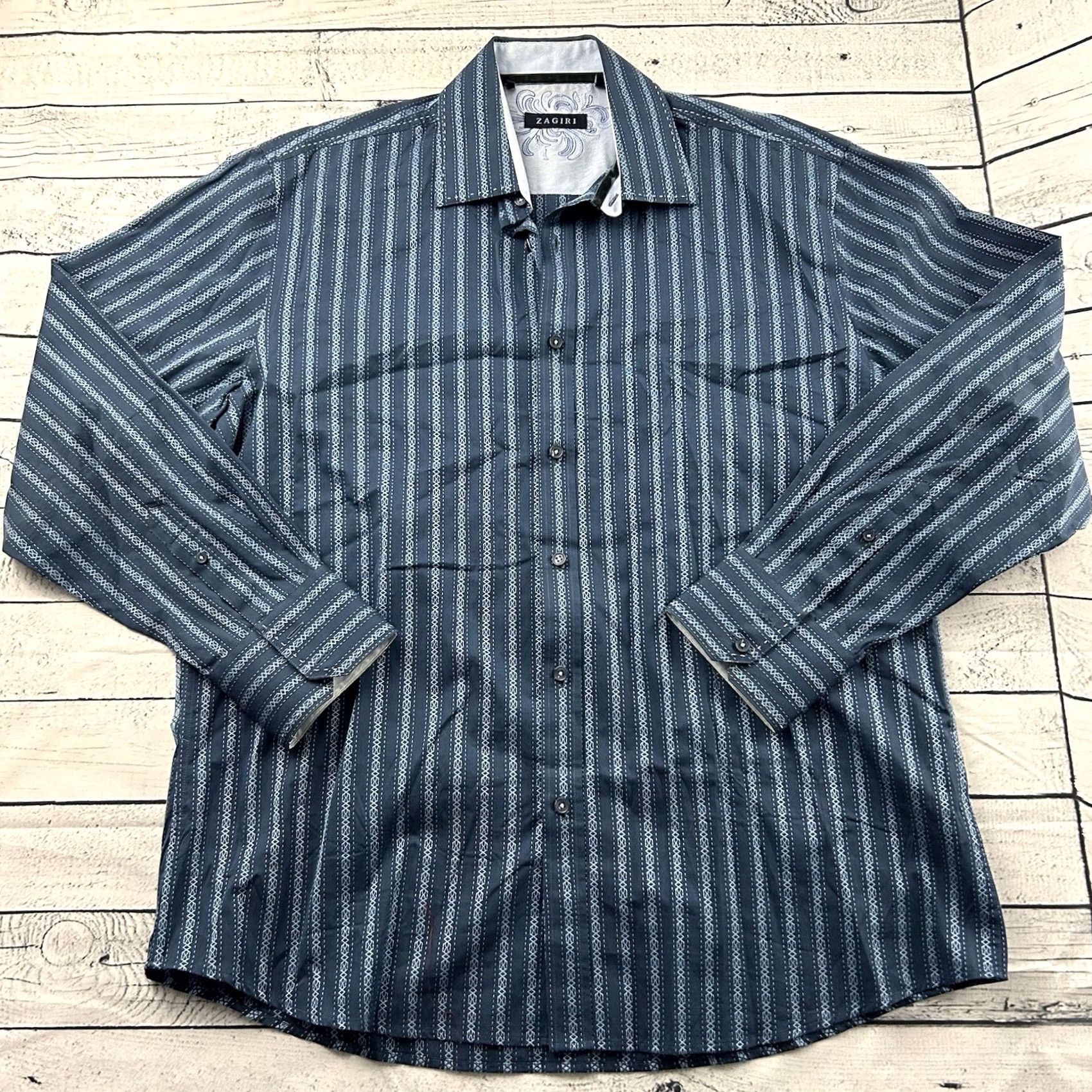 Vintage Zagiri Striped Long Sleeve Button-Up Shirt XL Blue Mens Shirt Sleeve Long Sleeve Button Front Cuff Size US XL / EU 56 / 4 - 2 Thumbnail