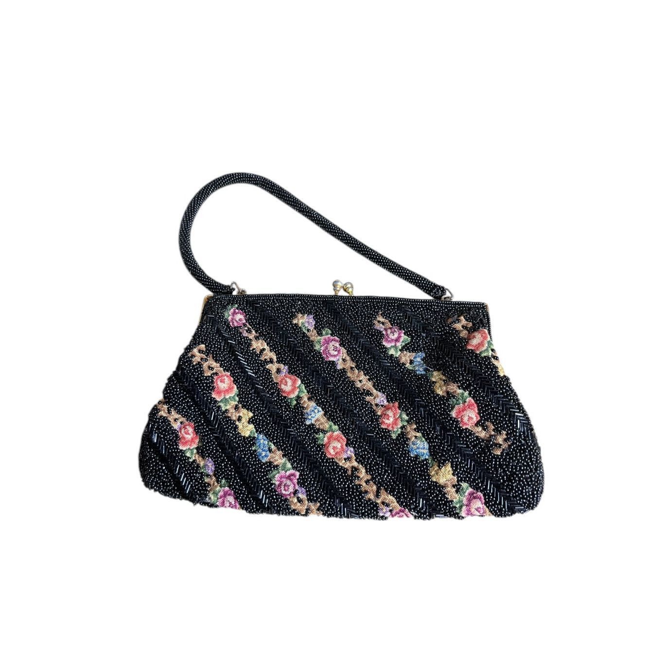 Other Vintage Beaded Handbag Black Beads Over Tapestry Kiss Lock C Size ONE SIZE - 5 Thumbnail