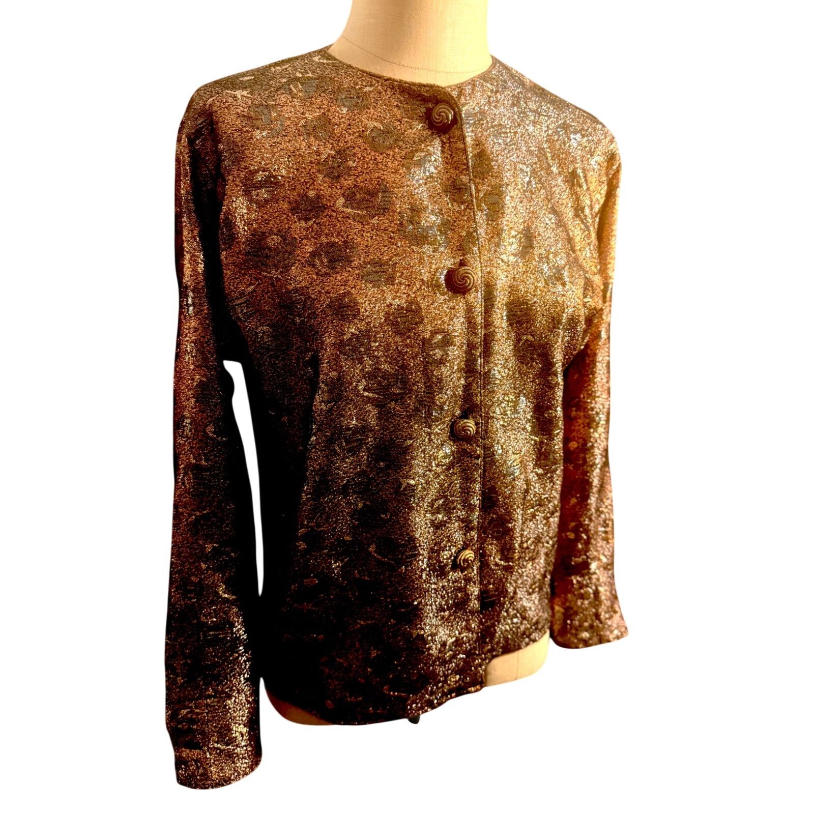 Anne Klein 90s Bronze Copper Metallic Brocade Evening Jacket Size M / US 6-8 / IT 42-44 - 2 Thumbnail