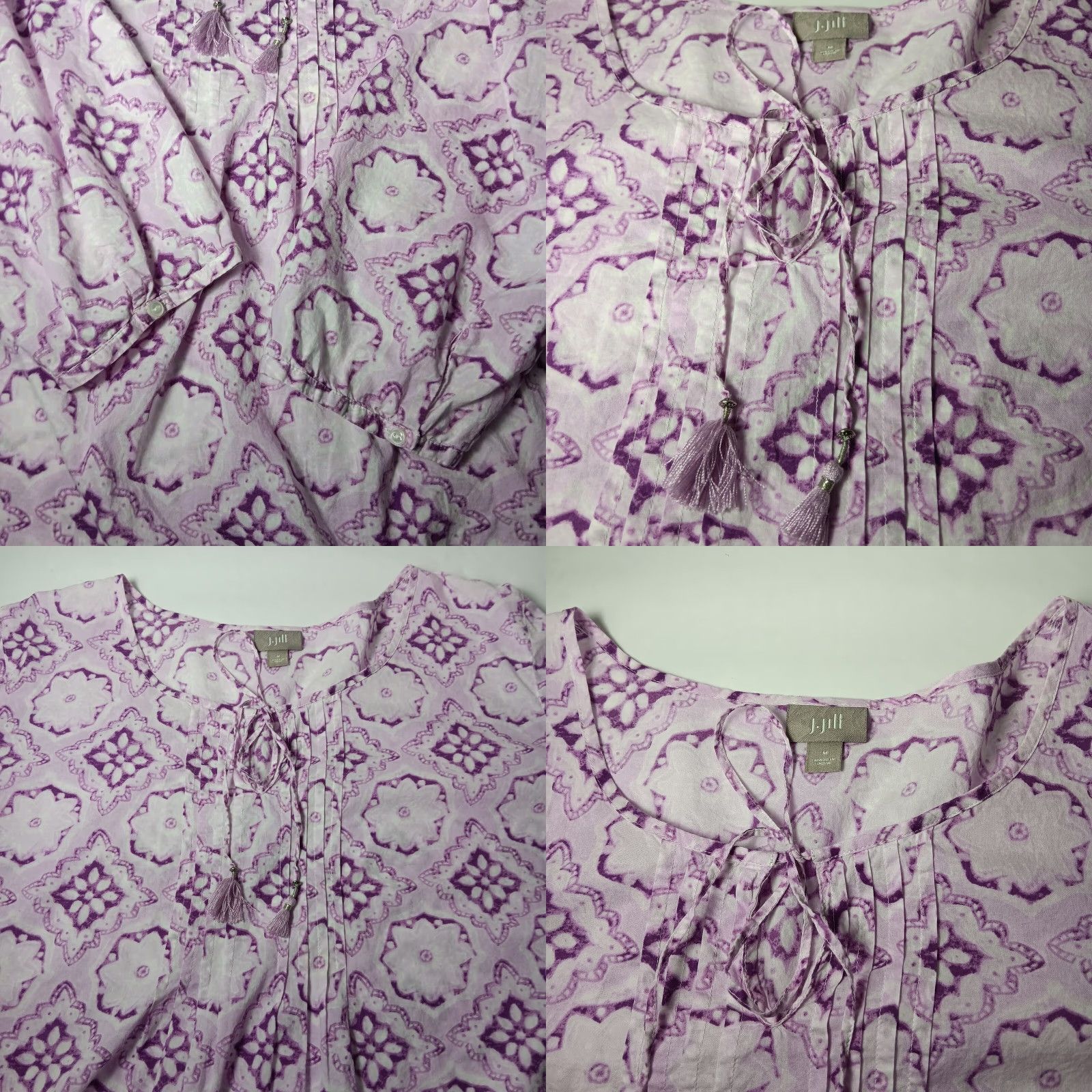 J. Jill J Jill Blouse Women Medium Pullover Floral Purple Mandala Peasant Boho Pleated Size M / US 6-8 / IT 42-44 - 8 Thumbnail