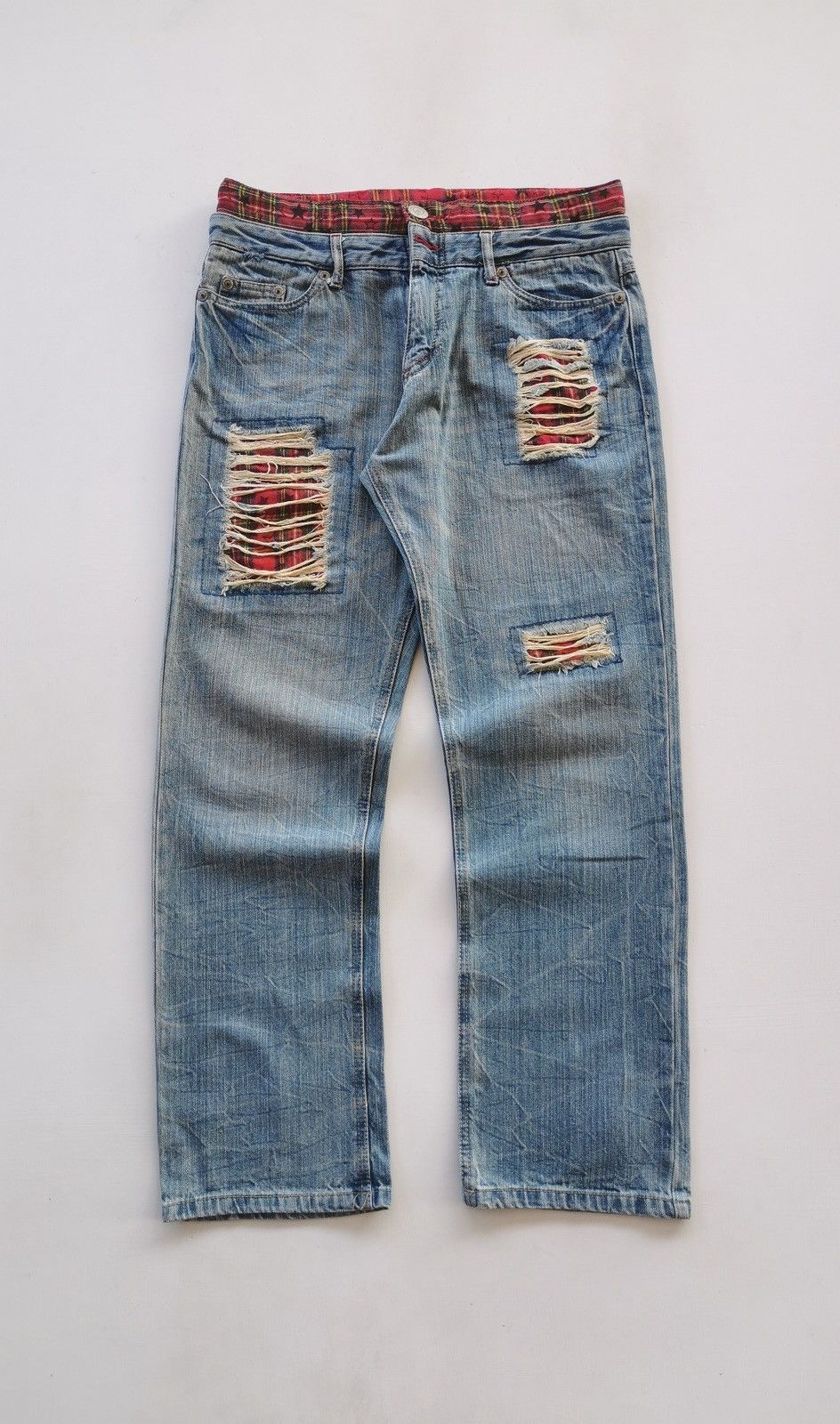 Japanese Brand Unbrand Double Waist Tartan Patch Denim Jeans Size US 32 / EU 48 - 3 Thumbnail