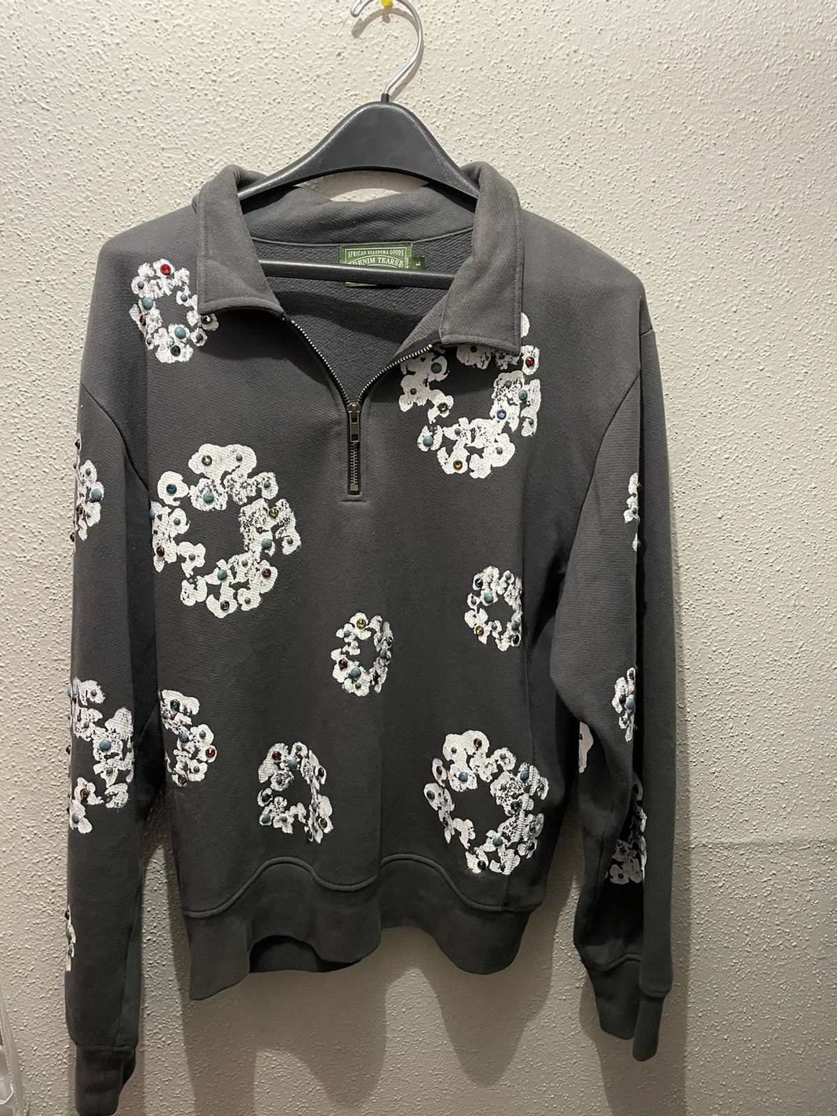 image of Denim Tears Rhinestone Wreath Half Zip Sweatshirt in Grey, Men's (Size Large)