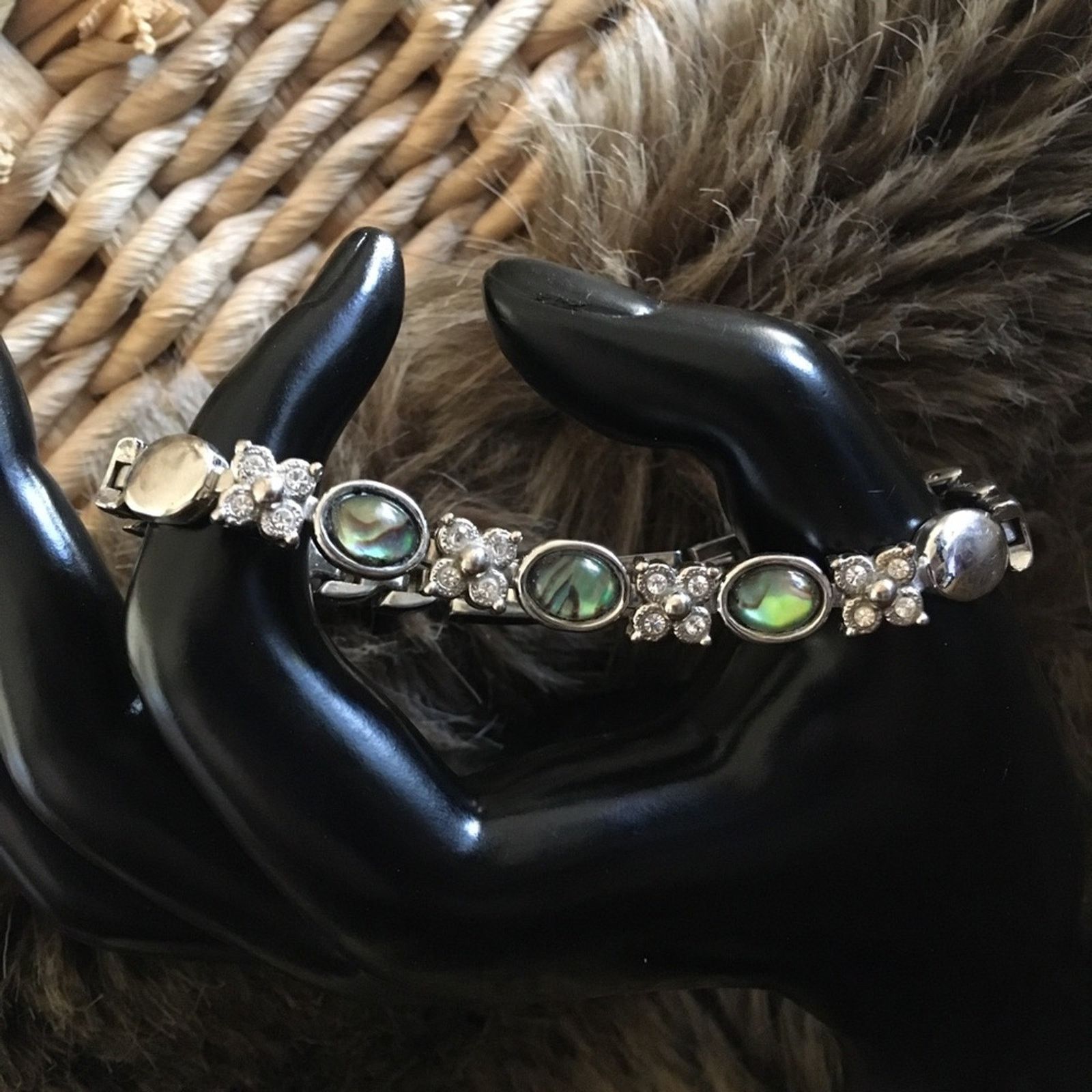 Jewelry Glass cabochon abalone silver rhinestone bracelet Size ONE SIZE - 1 Thumbnail