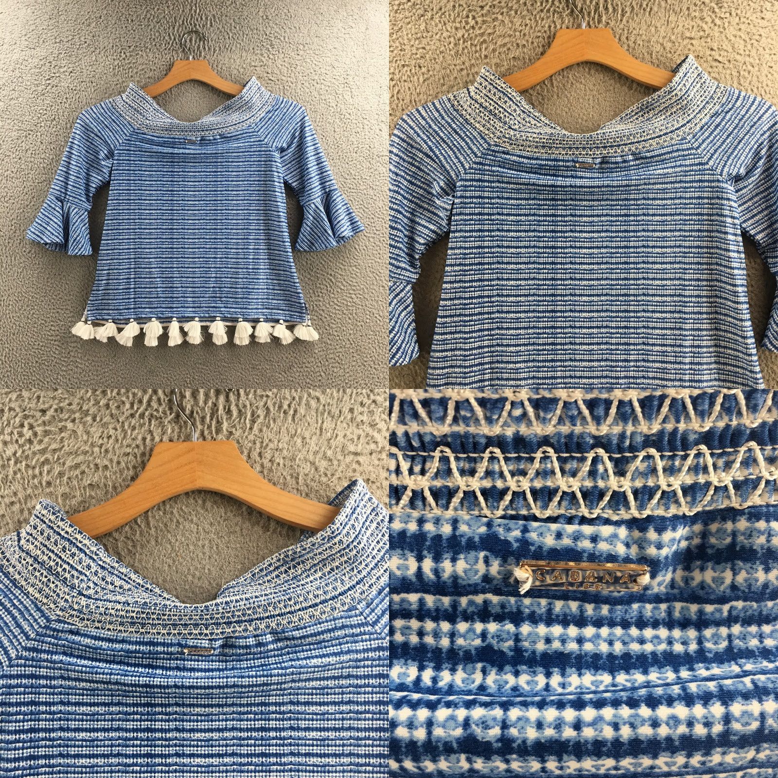 Vintage Cabana Life Top Womens S Blue White Tassel Charleston Coverluxe Smocked NEW Shirt Women S Small Blue White Tassel Charleston Coverluxe Smocked NEW Size S / US 4 / IT 40 - 8 Thumbnail