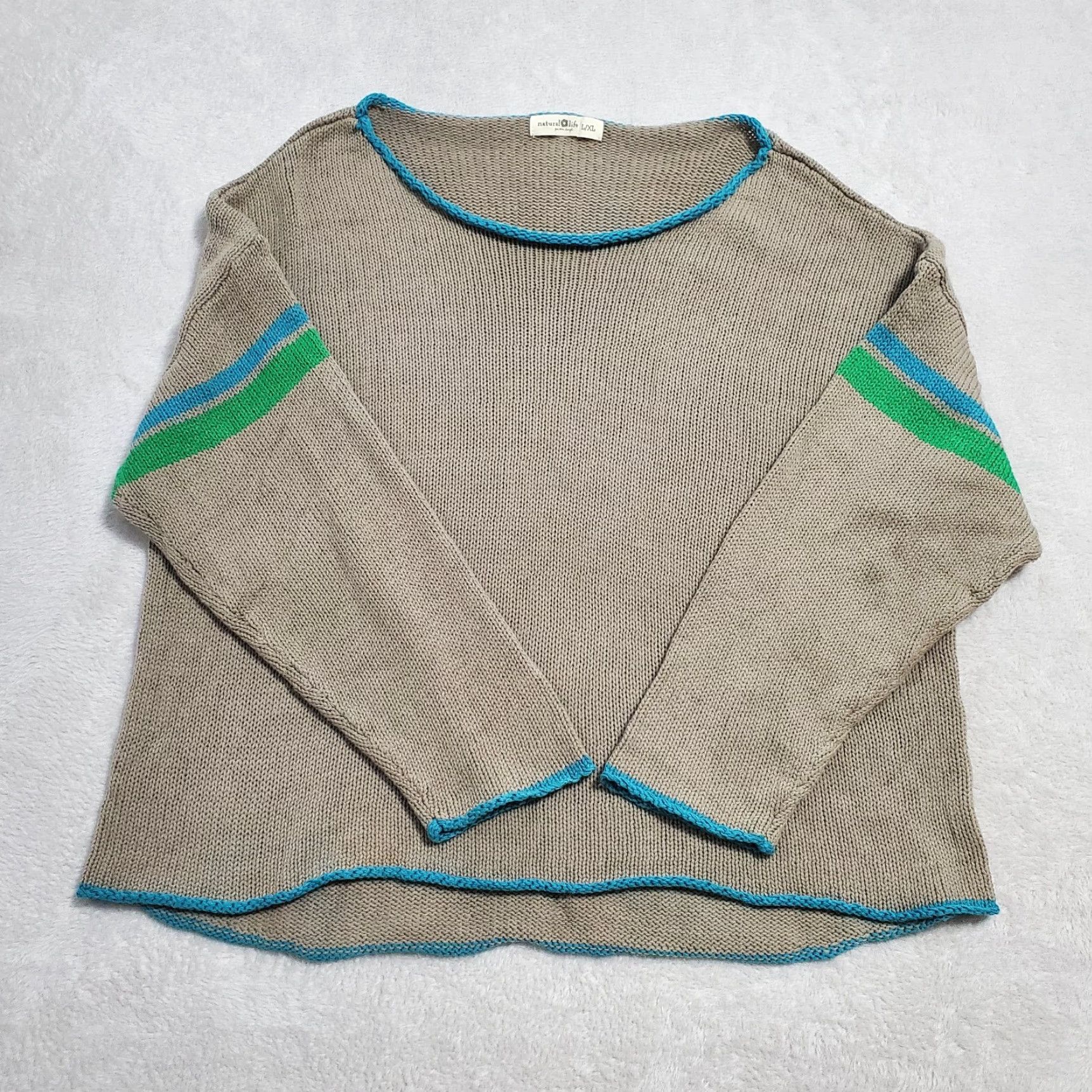 Vintage Natural Life Sweater Womens L Pullover Brown Knit Blue Trim Boho Slouchy Casual Relaxed Knit 60% Cotton 40% Acrylic Vintage No Mens Womens Size L / US 10 / IT 46 - 2 Thumbnail