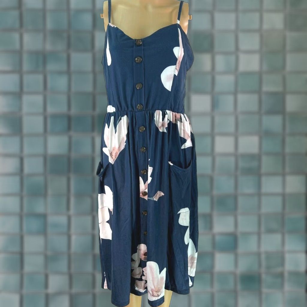 Vintage Angashion Sundress Women's V Neck Spaghetti Strap Floral Blue Dress Large Size L / US 10 / IT 46 - 1 Thumbnail