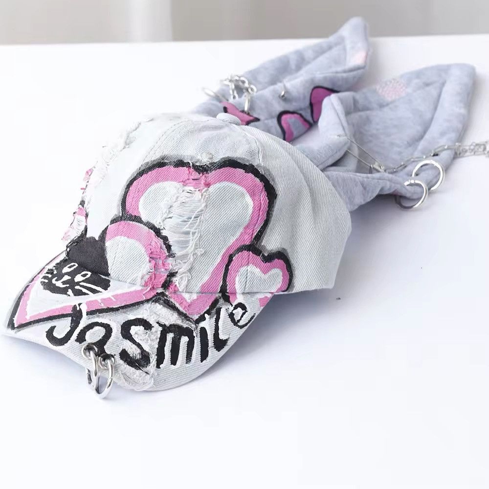 Japanese Brand Graffiti Long Rabbit Ears Ripped Metal Ring Cap Size ONE SIZE - 10 Thumbnail