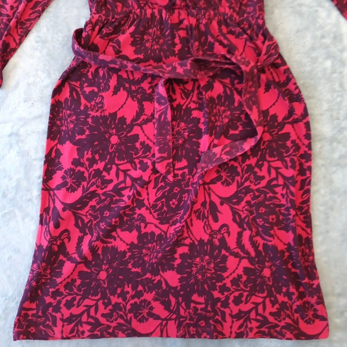 Lands' End Lands' End Fit Flare Dress XS Red Floral Long Sleeve V-Neck Pullover Dress, Knee Length, Belted, Regular, Women, Cotton Spandex, Machine Washable Size XS / US 0-2 / IT 36-38 - 4 Thumbnail