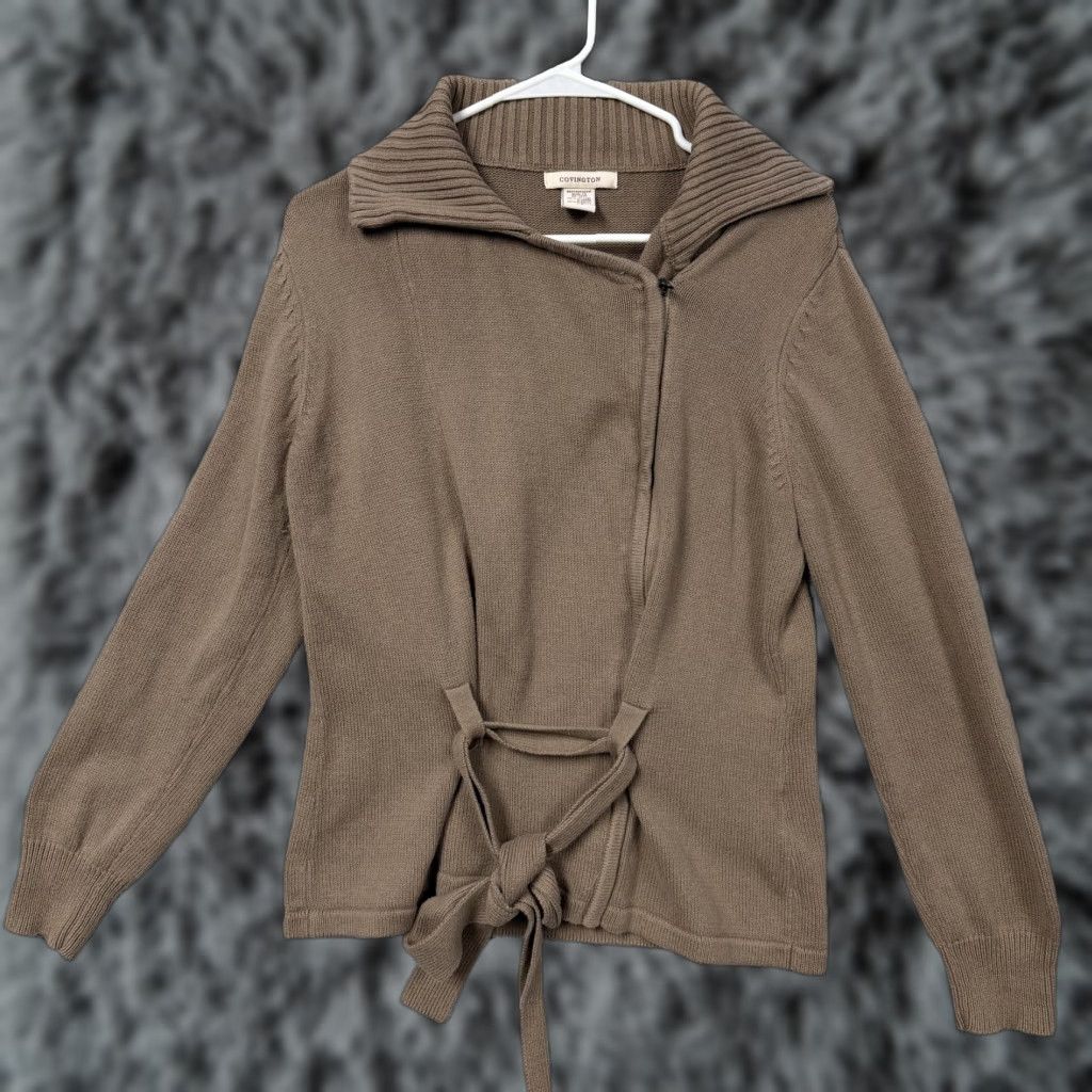 Vintage Covington Womens Tan Full Zip Cardigan Sweater L Belted Cinched Waist Knit Long Sleeve Casual Workwear Fall Winter Size L / US 10 / IT 46 - 1 Thumbnail