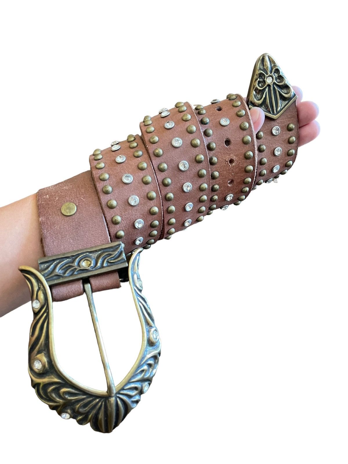Affliction × If Six Was Nine × Le Grande Bleu (L.G.B.) Vintage Bianro Dagger Rhinestones Studded Brass Leather Belt Size ONE SIZE - 3 Thumbnail