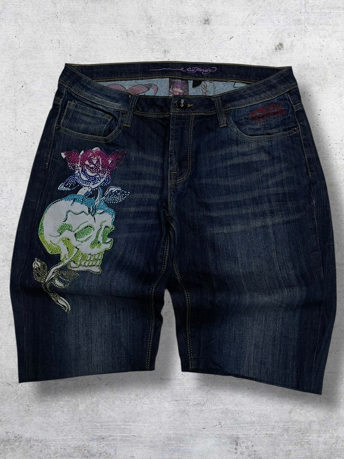 Christian Audigier VINTAGE DESIGNER CHRISTIAN AUDIGER SKULL TATTOO SHORT DENIM Size US 33 - 1 Thumbnail