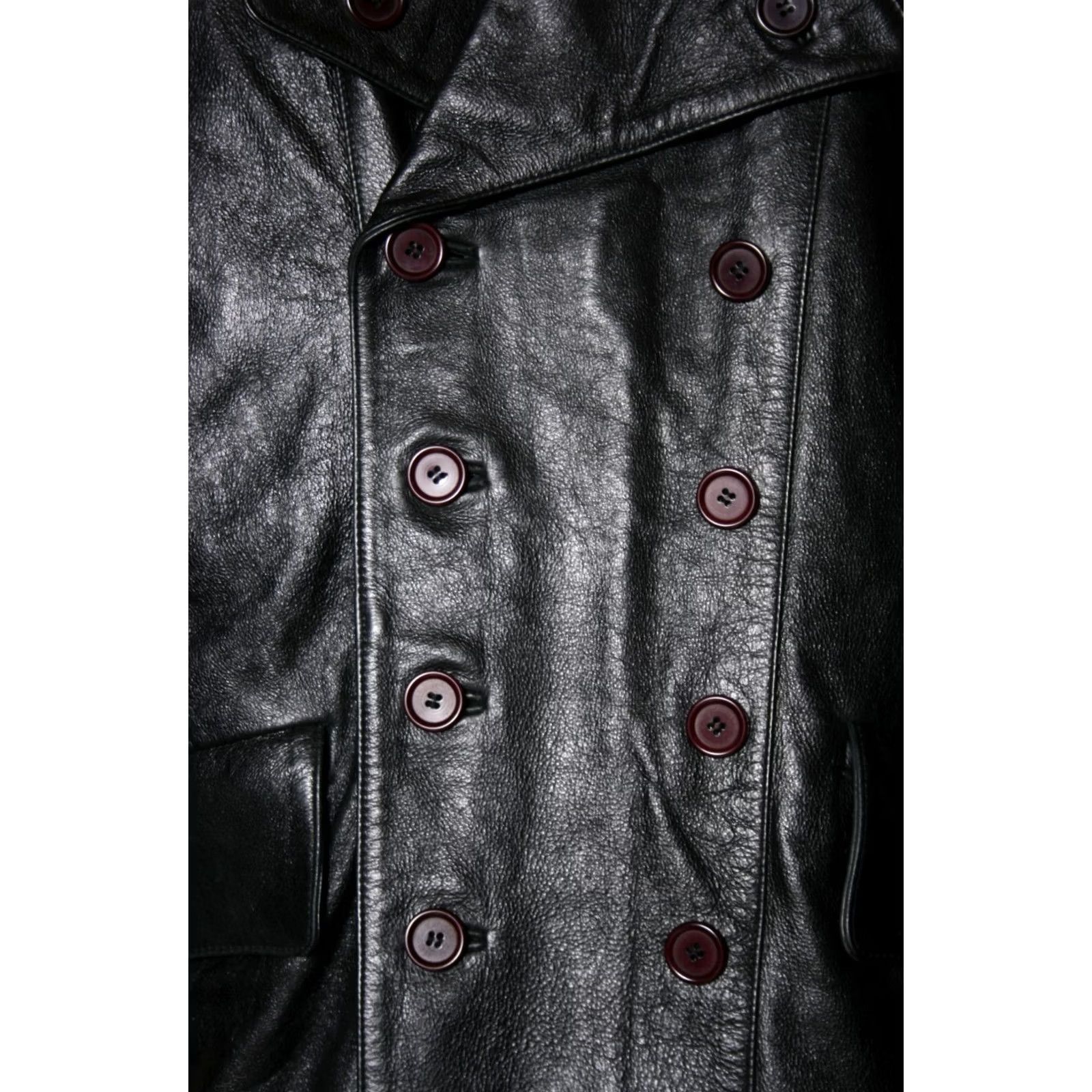 Doublet VINTAGE Cosmo Lombino KOZMO Black Leather Double Breasted Coat Coat Mens S Black 90s Style - Car Coat Size US S / EU 44-46 / 1 - 3 Thumbnail