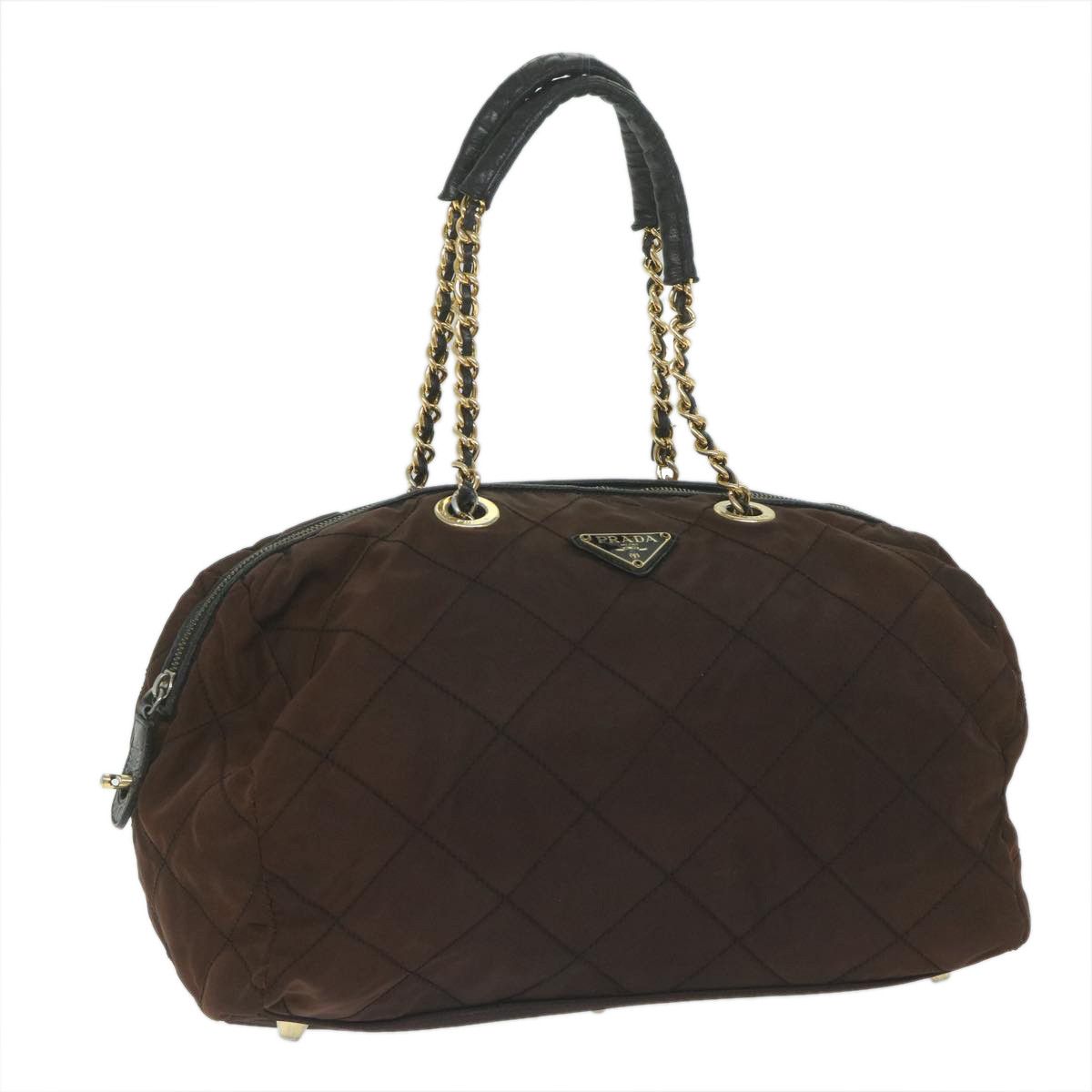 image of Prada Chain Boston Bag Nylon Brown Auth Bs10311, Women's