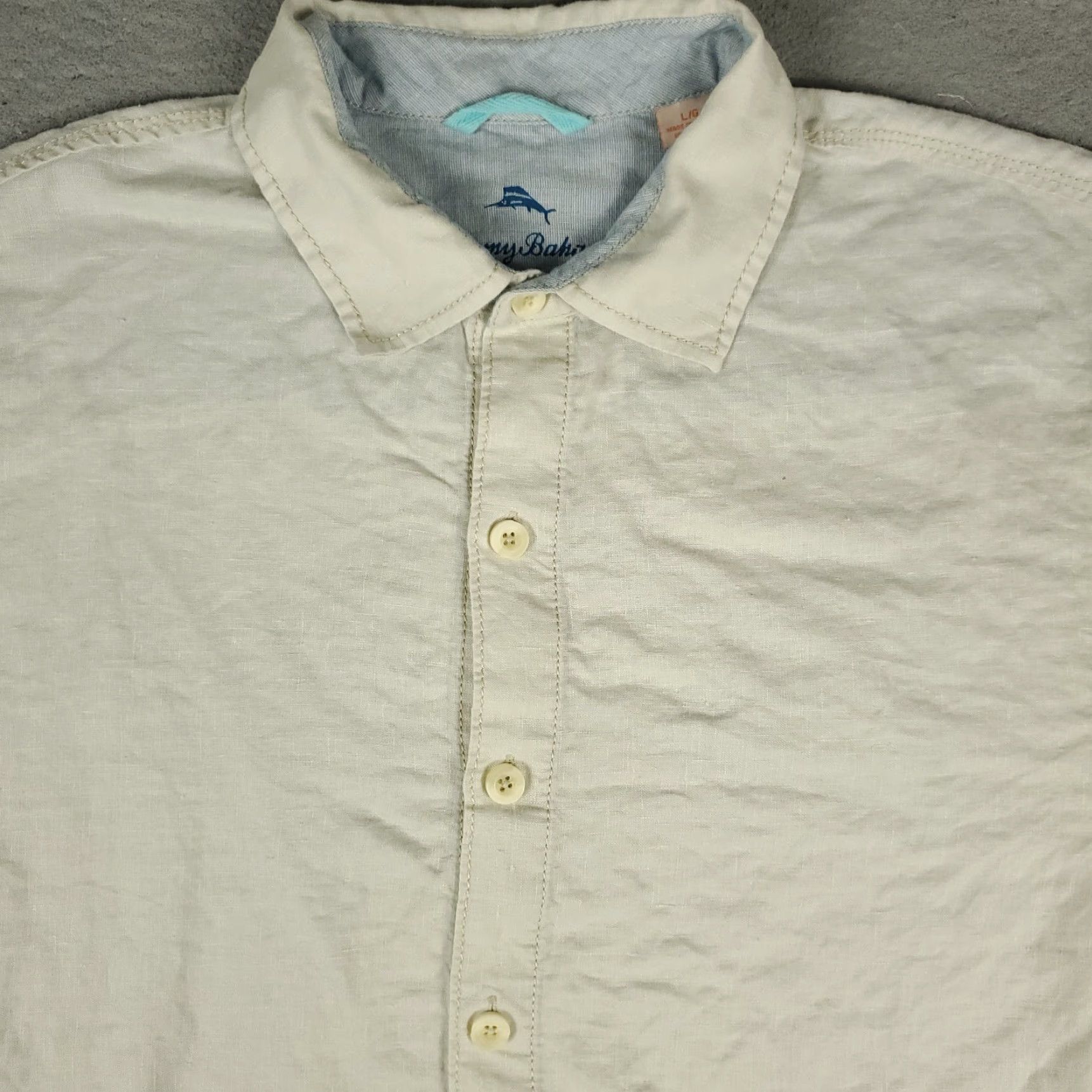 Tommy Bahama Tommy Bahama Shirt Mens Large Off-White Blue Linen Hawaiian Button Up Size US L / EU 52-54 / 3 - 2 Thumbnail