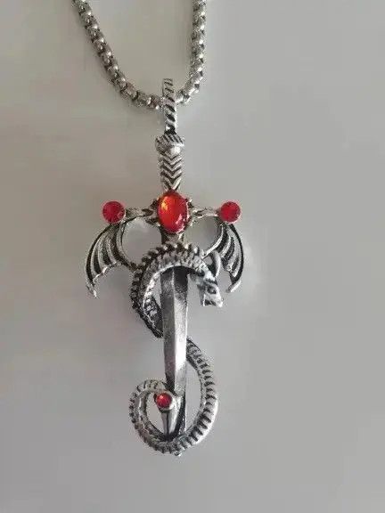 Jewelry Demon Dragon Necklace Sword Dagger Red Stone Chain Anime Art Size ONE SIZE - 8 Thumbnail