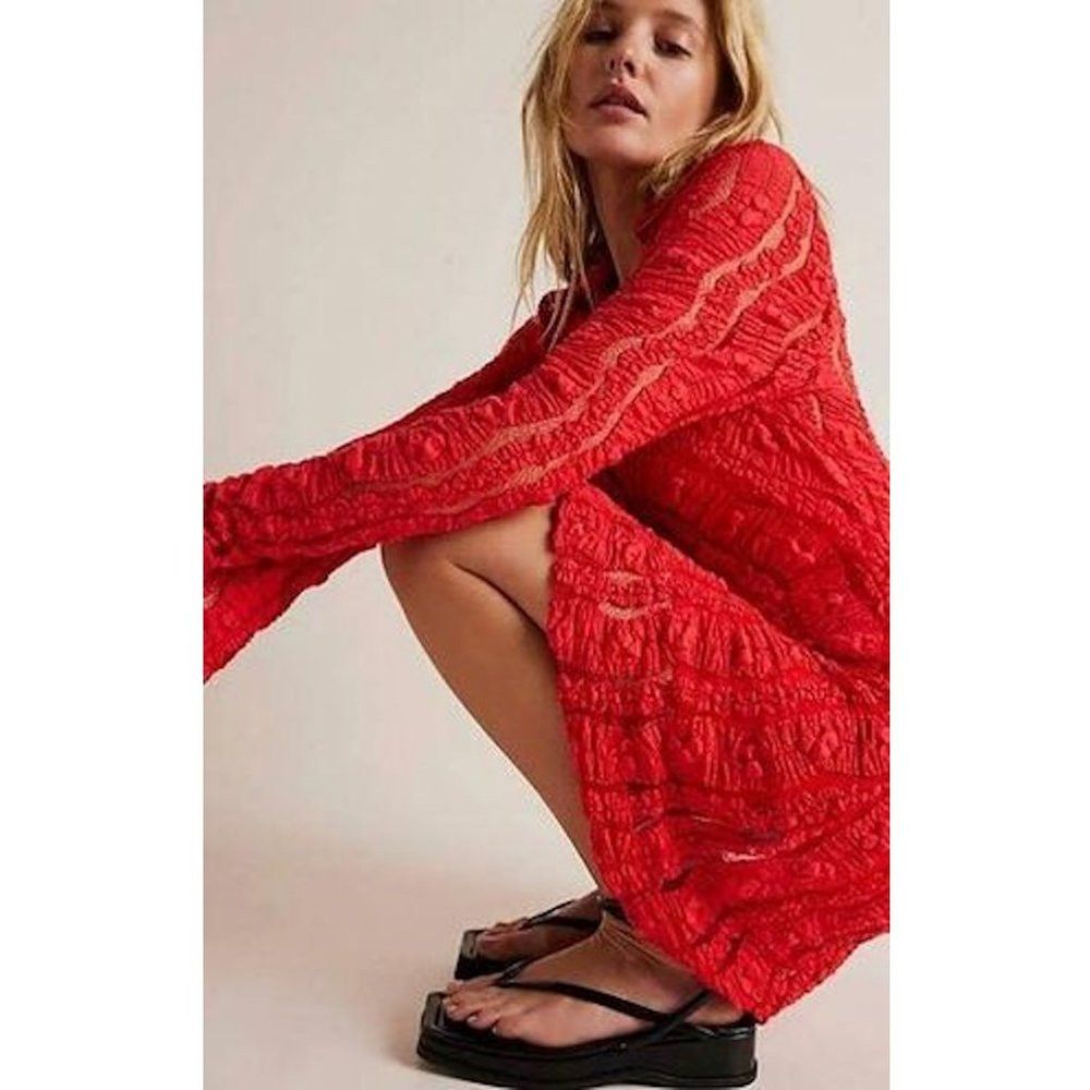 Free People NWT New $158 Free People Red Shayla Lace Long Sleeve Cotton Size XS / US 0-2 / IT 36-38 - 2 Thumbnail