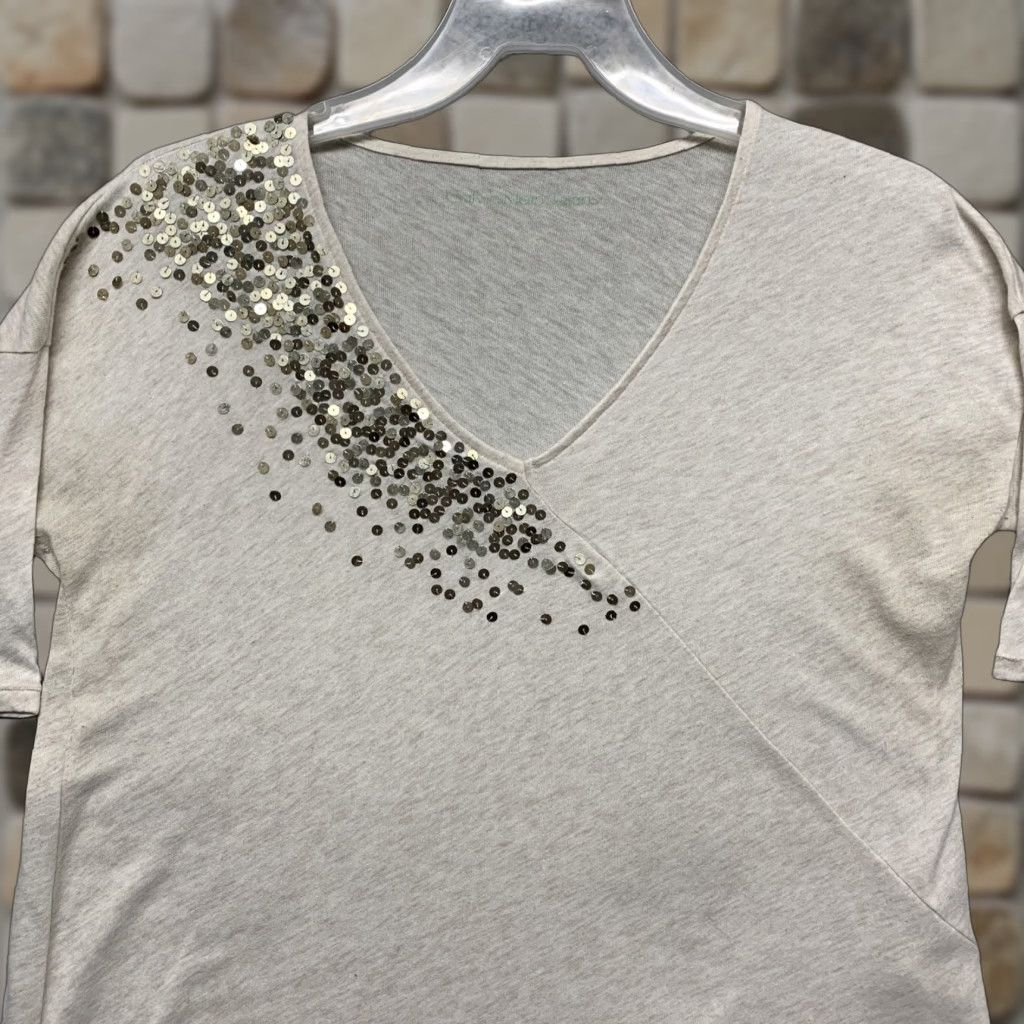 Calvin Klein VINTAGE Calvin Klein Pullover Top Womens S/P Heather Cream Sequins V-Neck Relaxed Fit Size S / US 4 / IT 40 - 1 Thumbnail