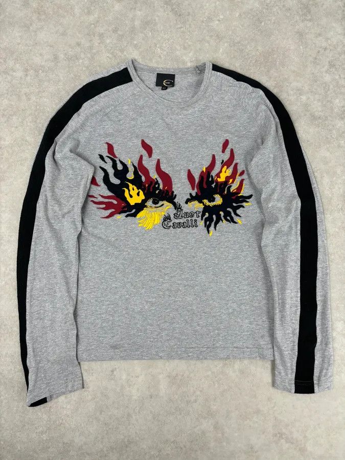 Just Cavalli AW2004 Cavalli Grey Flames Embroidered Longsleeve Size US S / EU 44-46 / 1 - 1 Thumbnail
