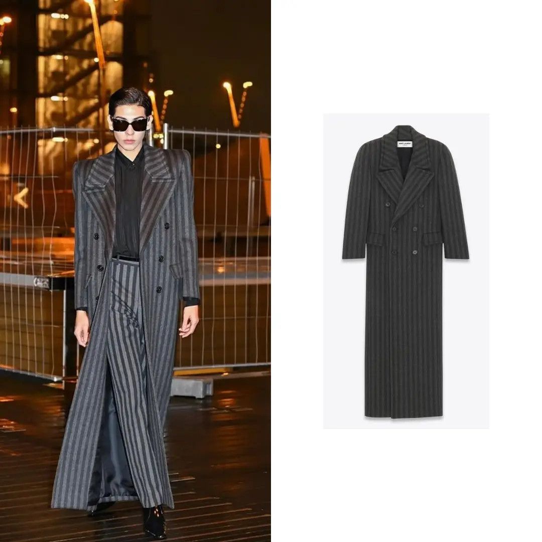 Saint Laurent Paris o1s1wg110924 Oversized Coat in Striped Wool in Noir/Grey Size US XL / EU 56 / 4 - 2 Thumbnail