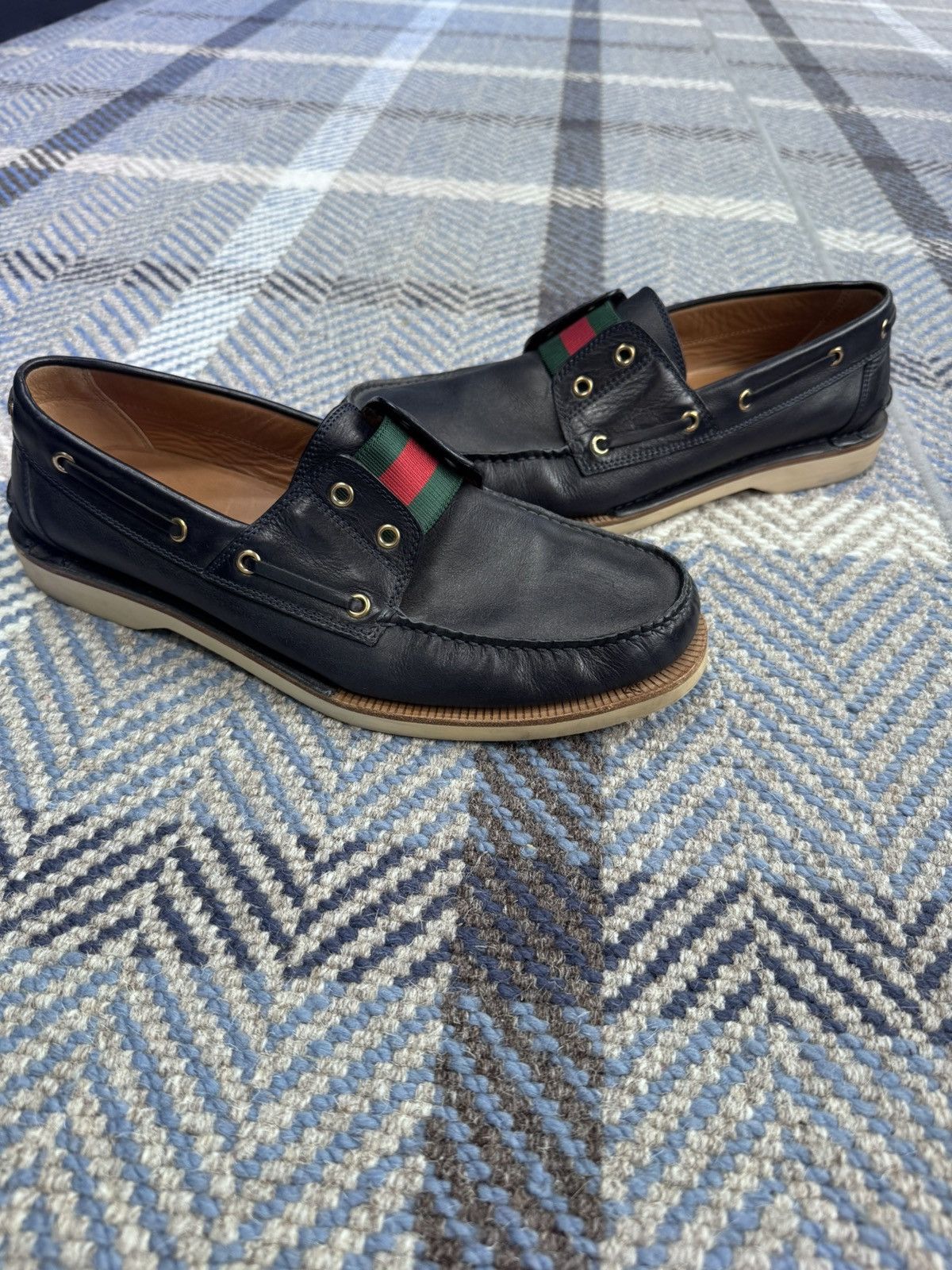 Gucci Navy Leather Boat Shoes in Blue, Men's (Size 10.5)
