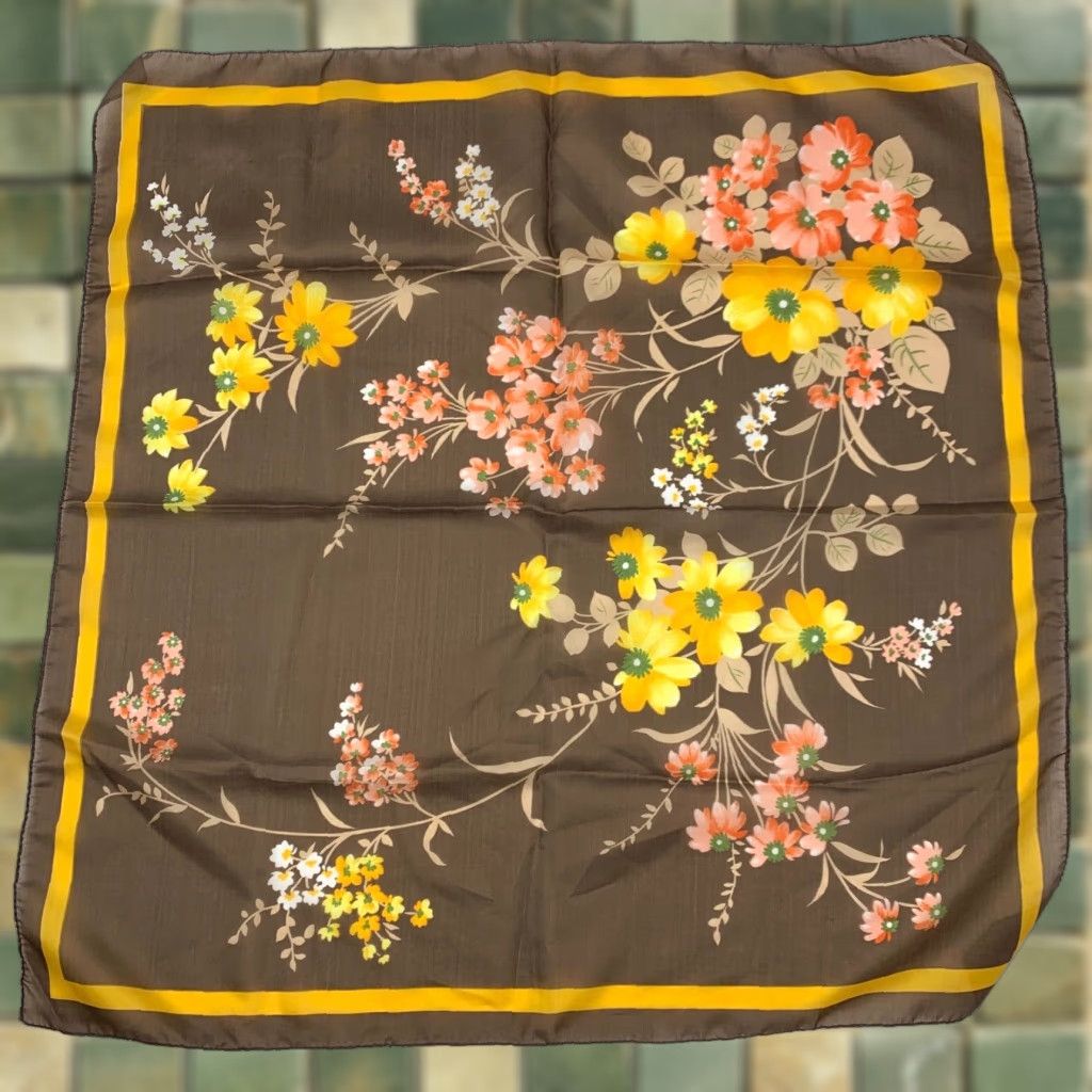 Vintage VINTAGE 1970s Floral Scarf Square 25" x 25" Brown Orange Yellow Women Tie Dye Nil Unbranded Size ONE SIZE - 1 Thumbnail