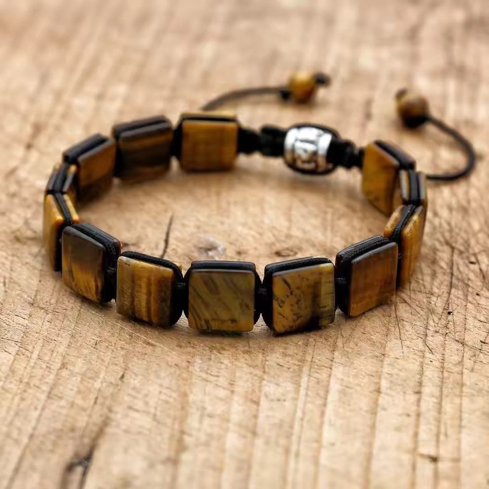 Handmade 10mm Square Tiger Eye Stone Beads Braided Bracelet Size ONE SIZE - 1 Thumbnail