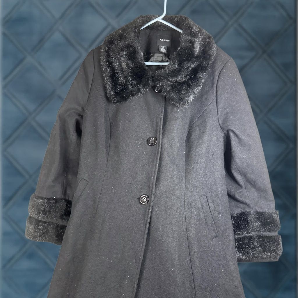 Vintage Ashro Coat Womens 20 Black Wool Overcoat Faux Fur Trim Long Lined Pockets Size 3XL / US 20-22 - 1 Thumbnail