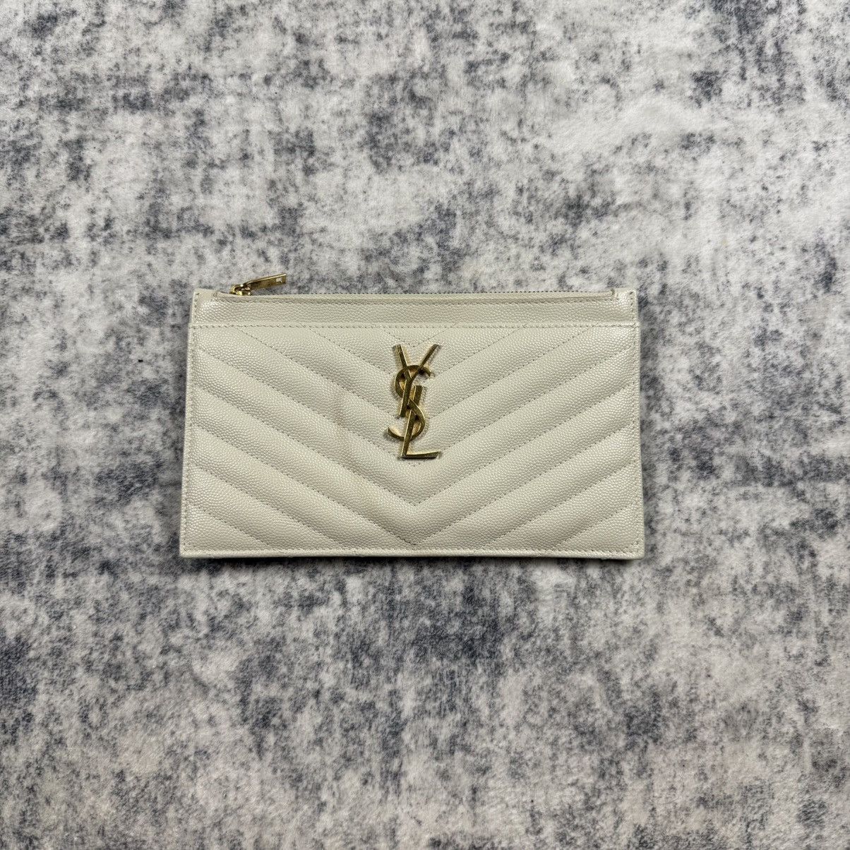 Saint Laurent Ysl Cassandre Chevron Leather Zip Pouch in Beige, Men's