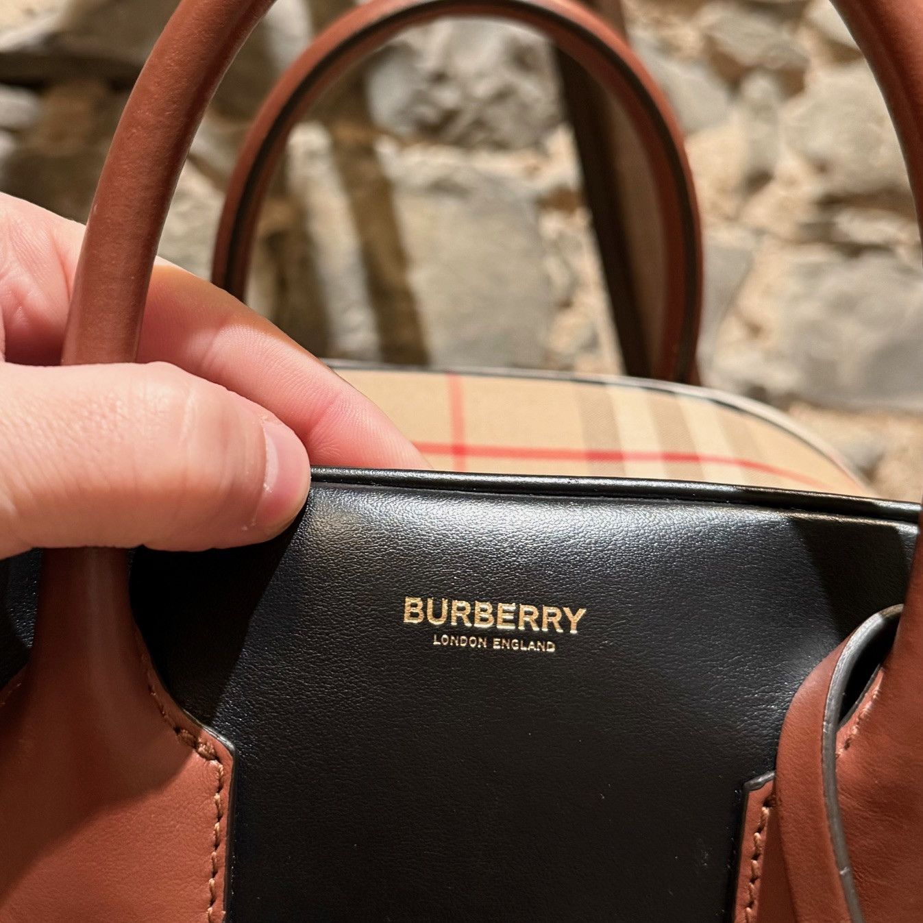 Burberry Black Leather Check Small Cube Bowling Bag