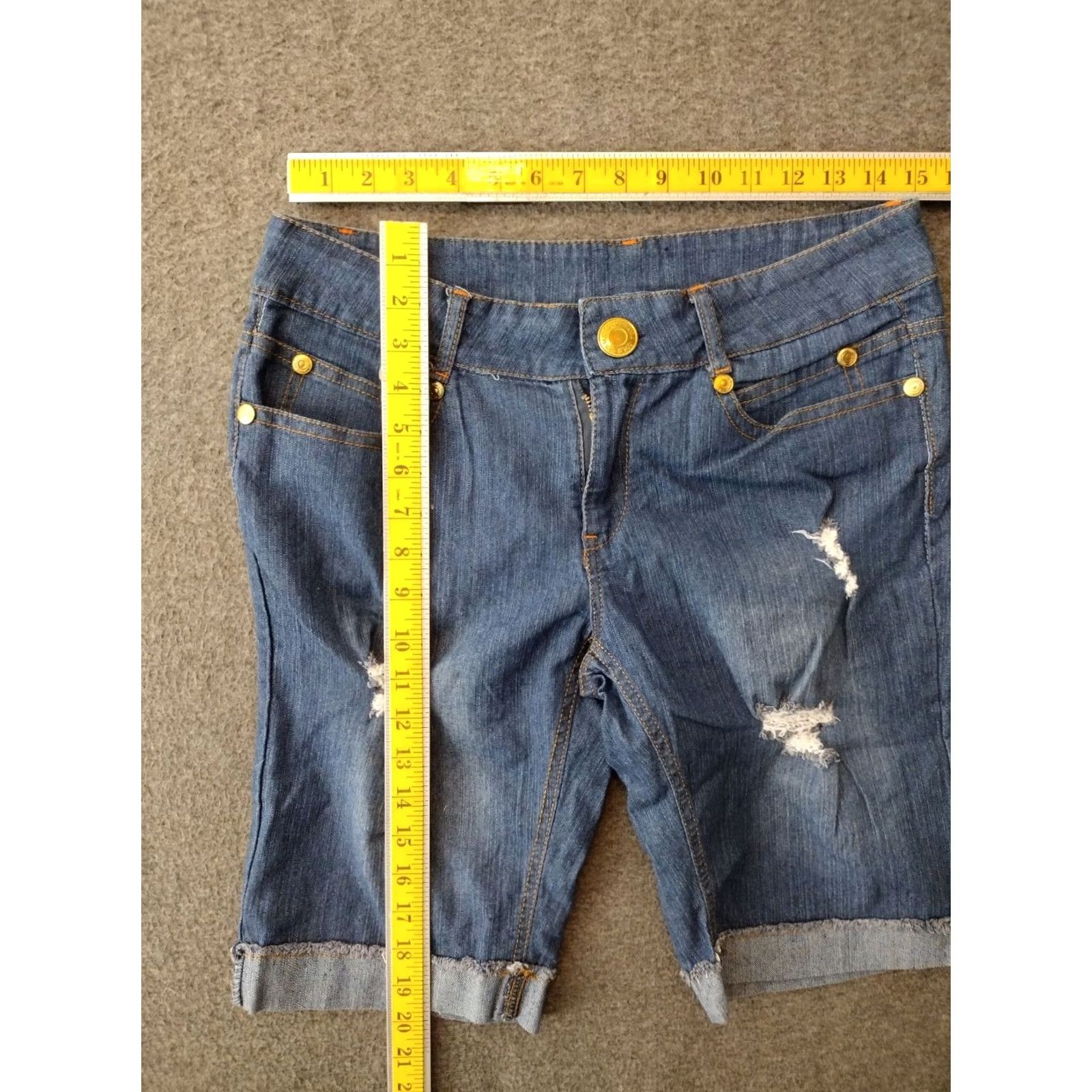 Vintage Drama Gold Jeans Shorts Bermuda Women's Size 9 blue Button Zip Distressed Cropped Stretch Casual Bermuda Size 30" / US 8 / IT 44 - 4 Thumbnail